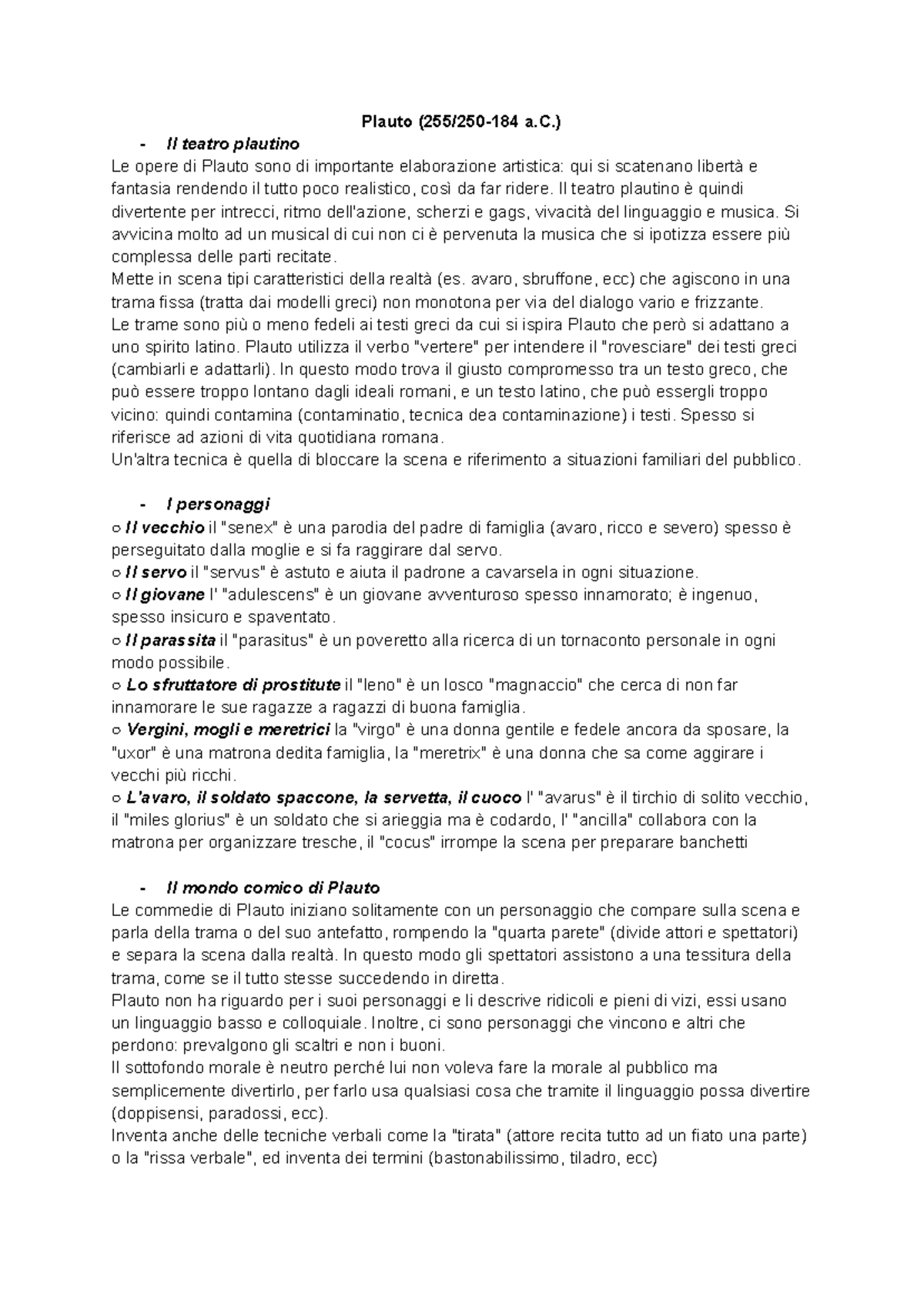 Il Teatro Plautino: Analisi delle Opere di Plauto - Studocu