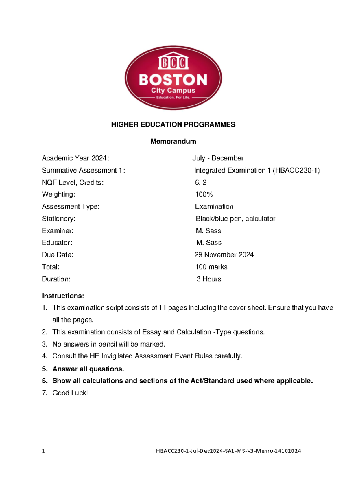Hbacc 230 SA1 Memo: Integrated Exam Guide (Jul-Dec 2024) - Studocu