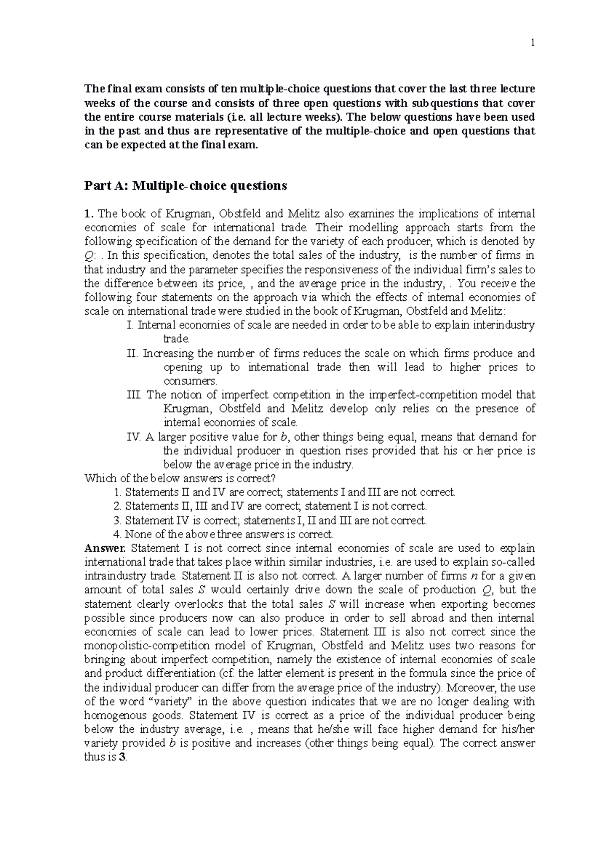 ECON 101: Final Exam Practice - Multiple Choice and Open Questions ...