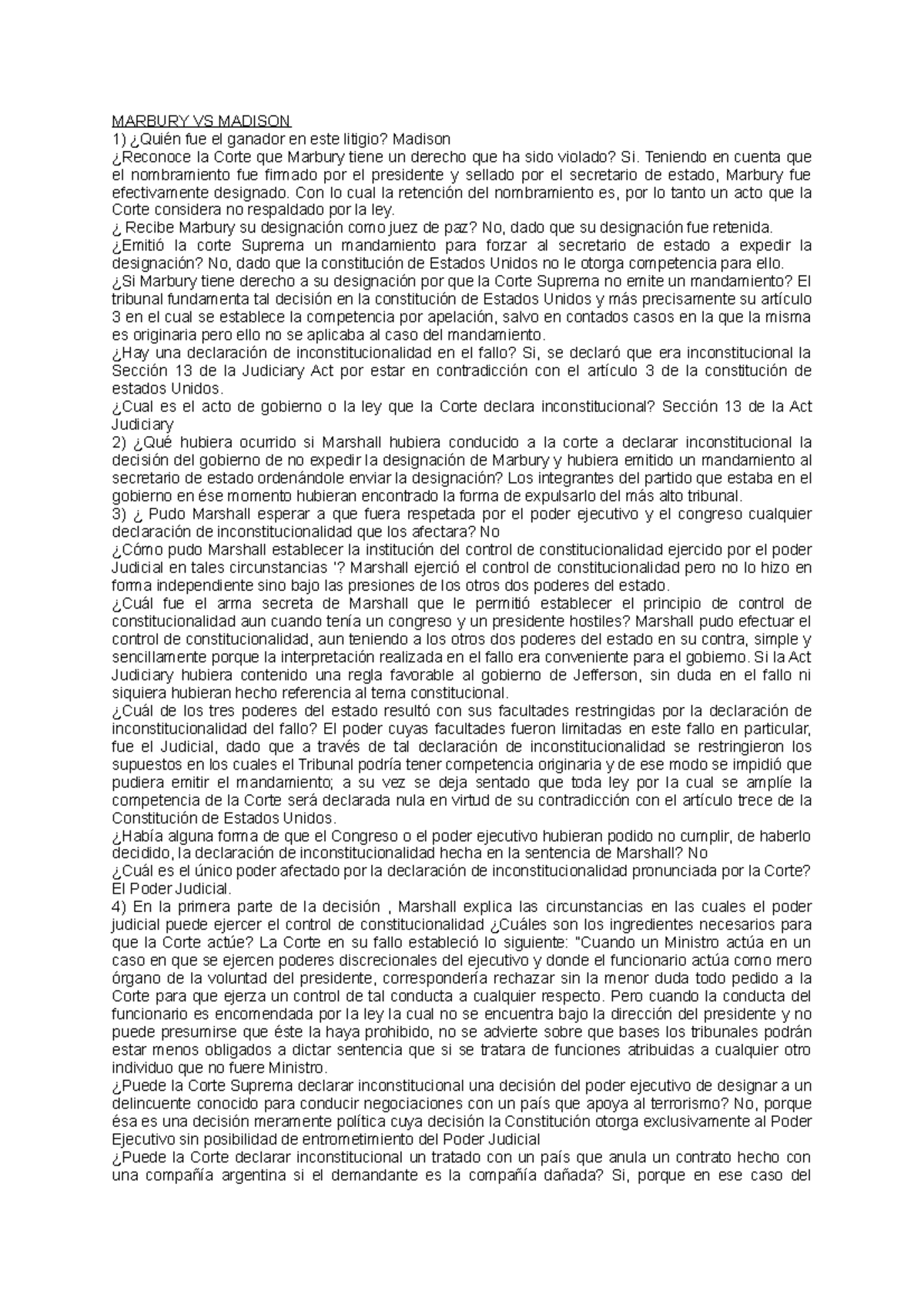 Resumen y guia de lectura del fallo Marbury vs Madison - MARBURY VS ...
