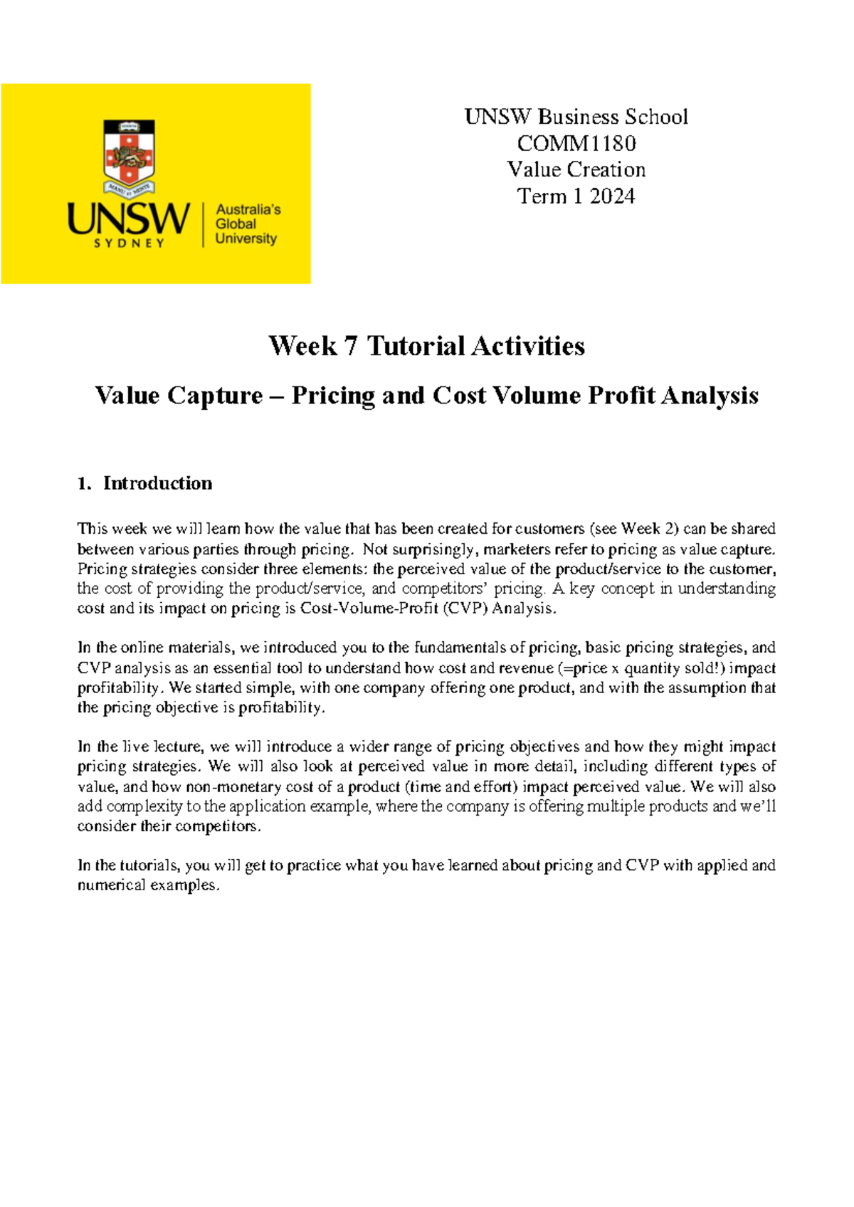 COMM1180 2024T1 Week 07 Tutorial: Value Capture & CVP Analysis - Studocu