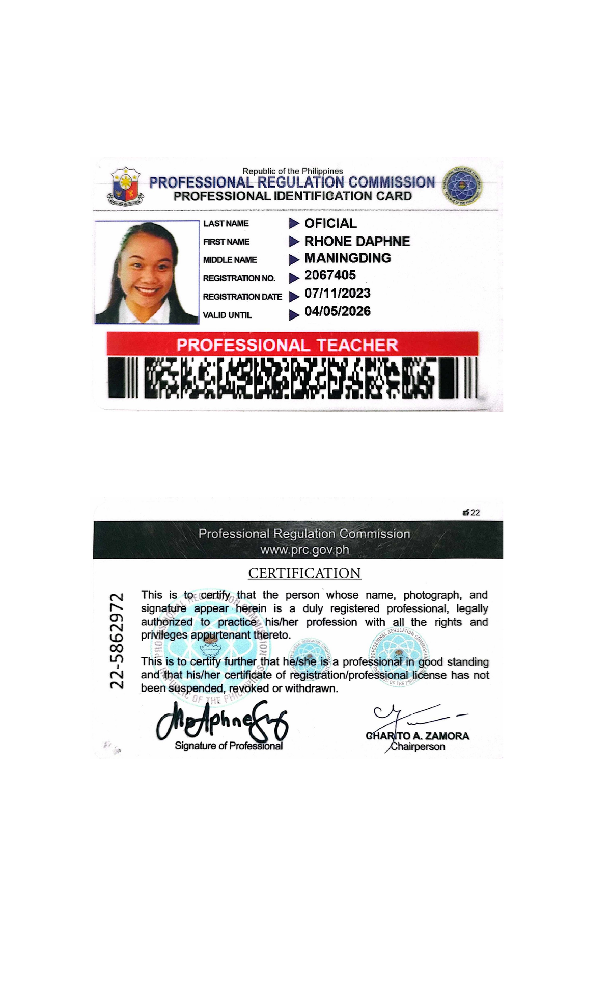 Official Professional Identification Card - Rhone D. Oficial - PRC ...