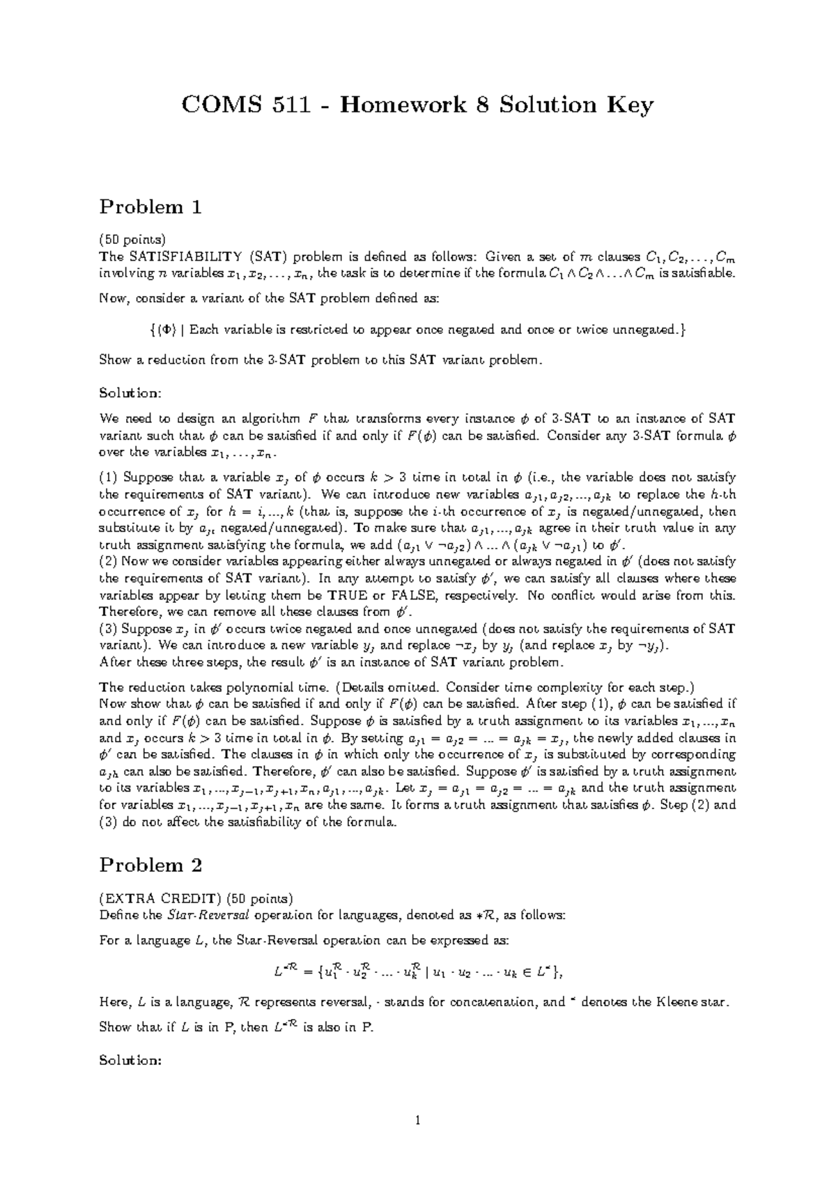 Hw8-sol - SAT problem Solutions - COMS 511 - Homework 8 Solution Key ...