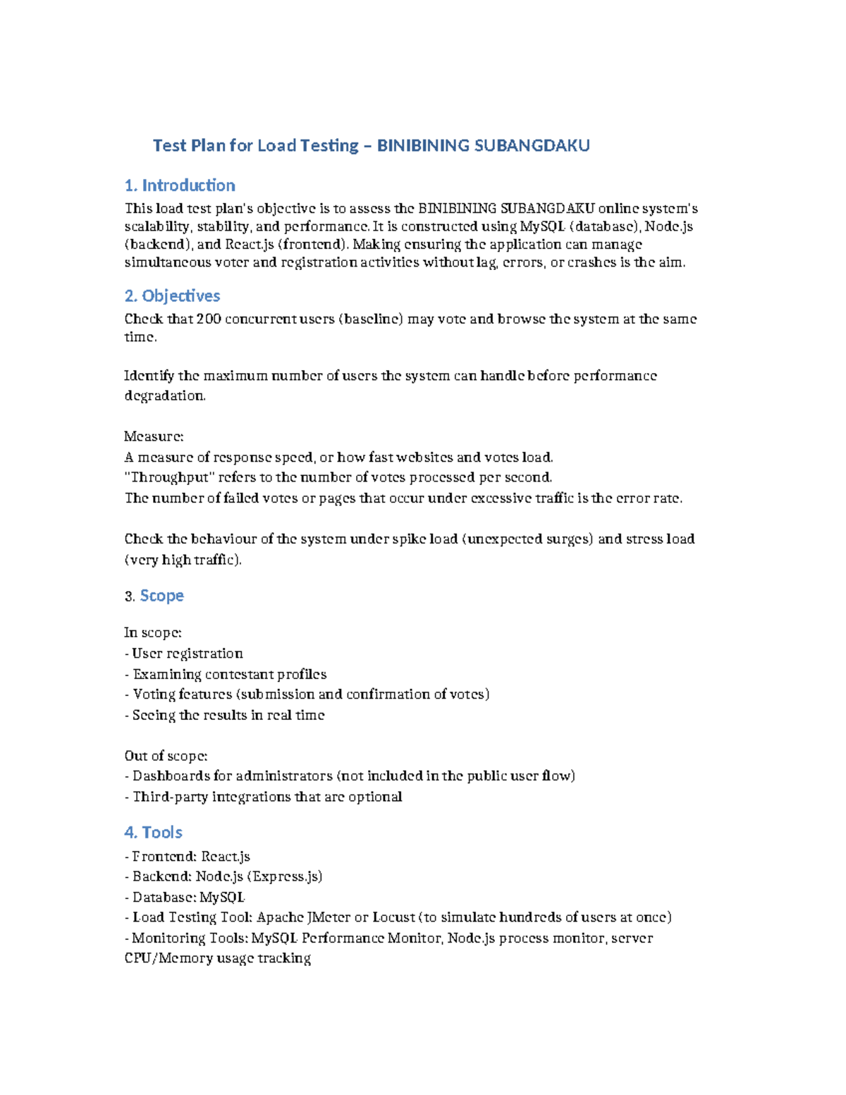 Load Test Plan for BINIBINING SUBANGDAKU System - Studocu