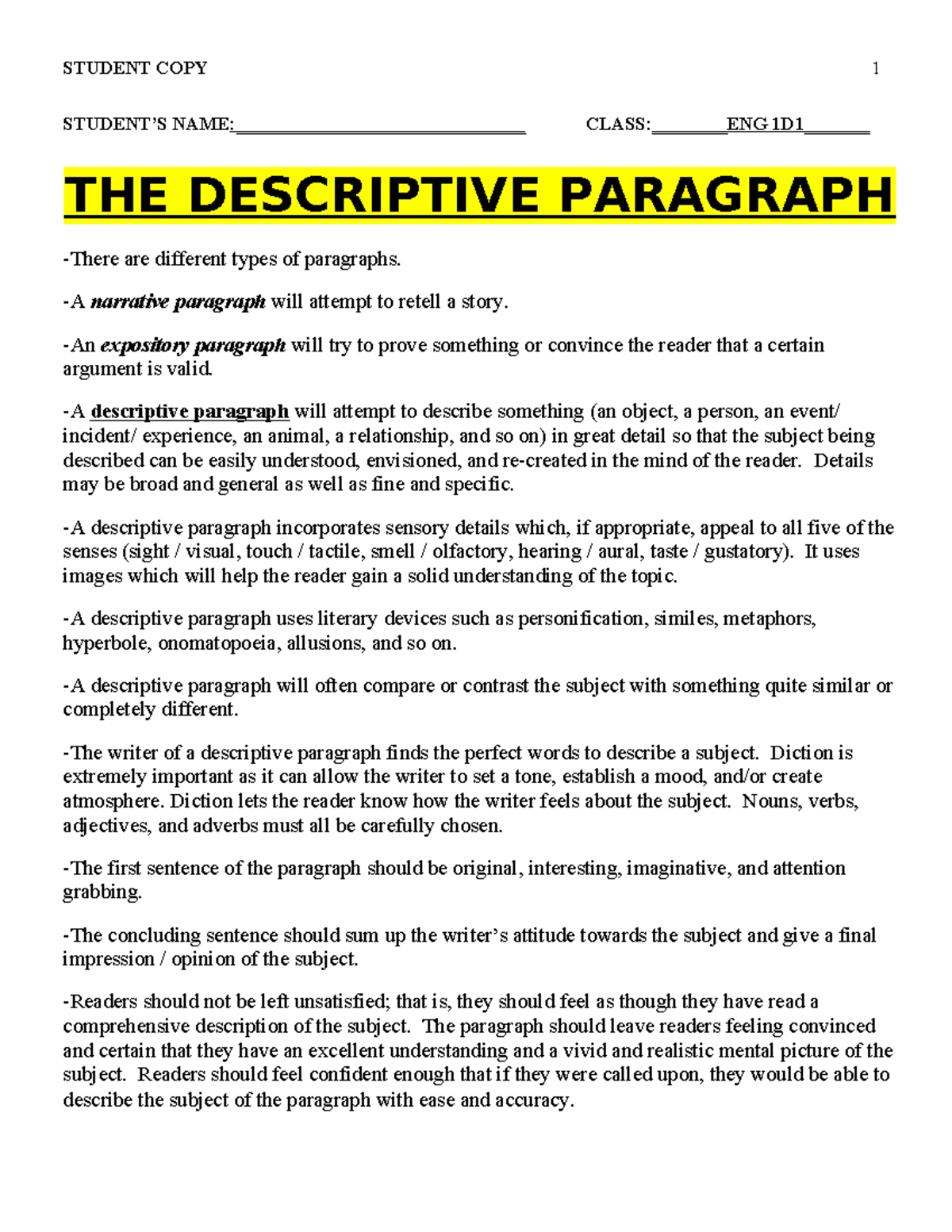 ENG 1D1 Descriptive Paragraph Study: Exploring Sensory Details in ...