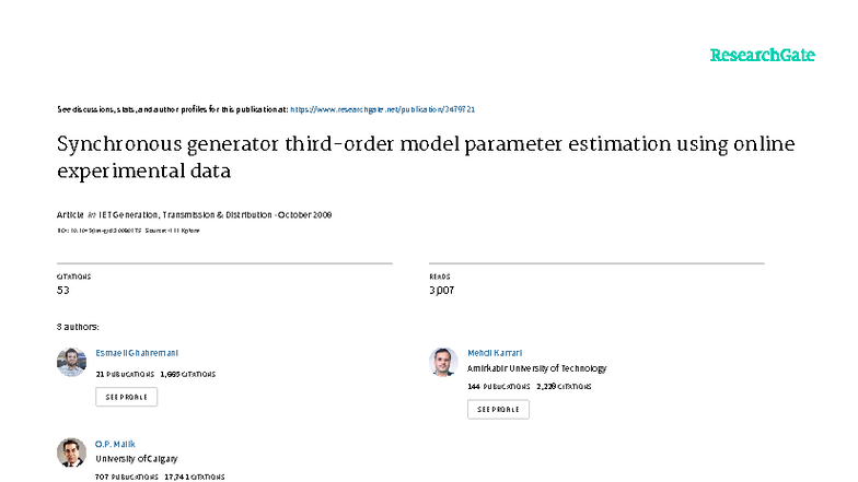 Synchronous Generator Model Parameter Estimation Using Online Data ...