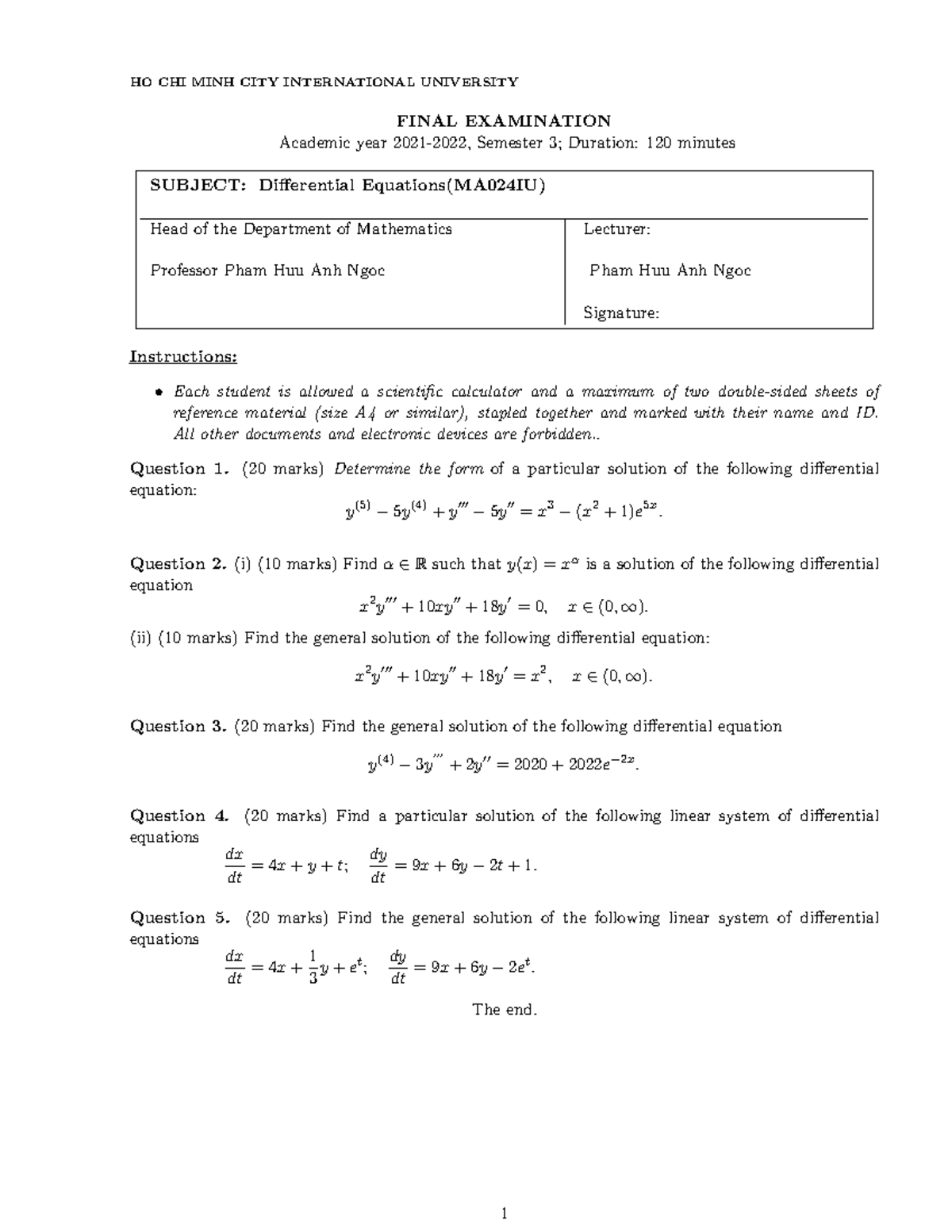 Final Exam MA024IU Differential Equations S3 (2021-2022) - Studocu