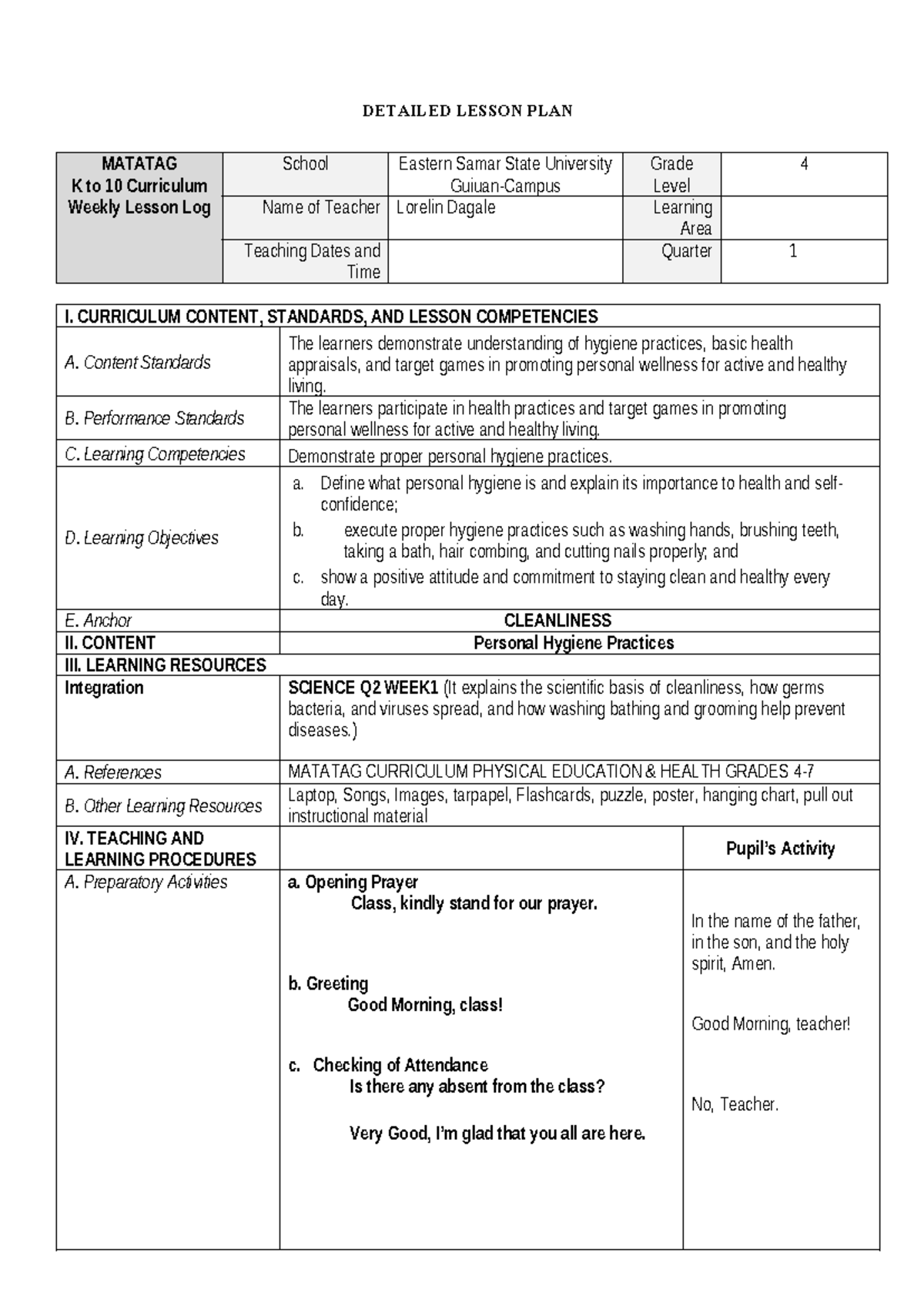 Detailed Lesson Plan: Personal Hygiene Practices for MATATAG K to 10 ...