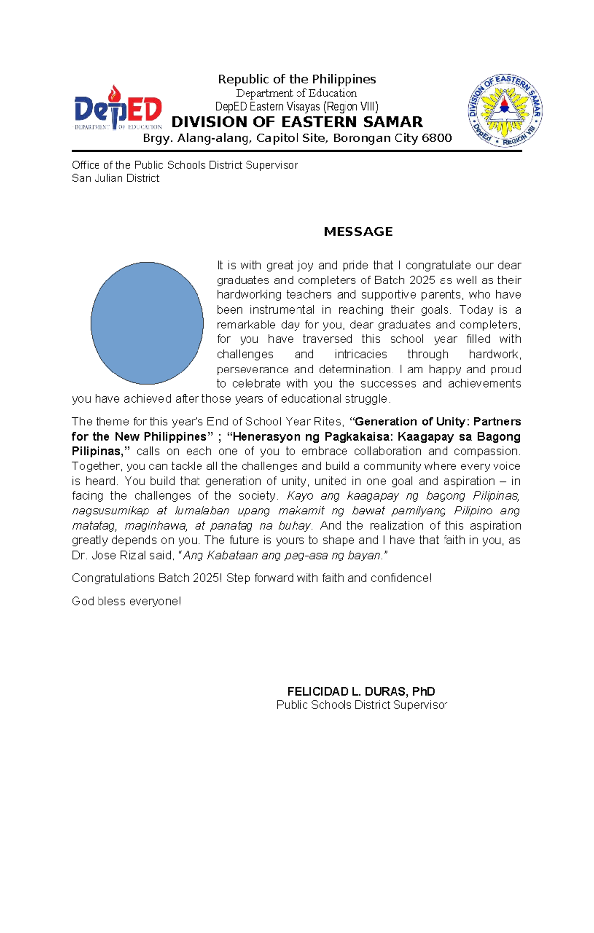 Graduation Message - Felicidad L. Duras - Republic of the Philippines ...