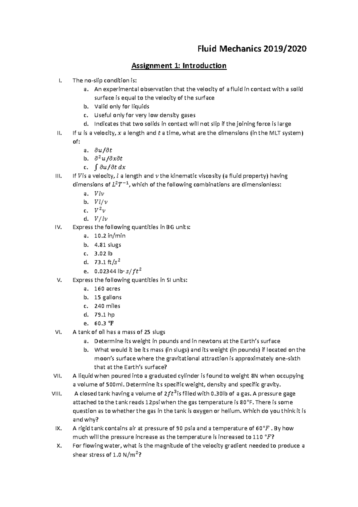 Assignment 1: Fluid Mechanics Concepts and Calculations - Studocu