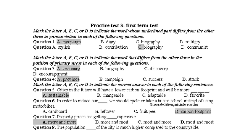Practice Test 3: First Term Test for Grade 12 - Studocu