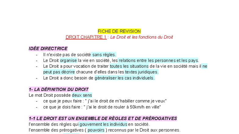 FICHE DE RÉVISION DROIT CHAPITRE 1 : Le Droit et ses Fonctions - Studocu