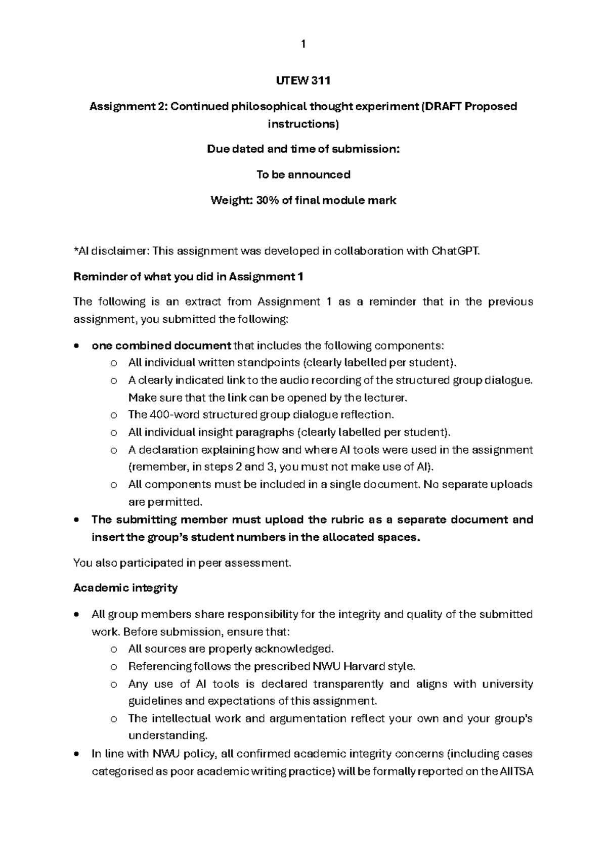 2026-03-20 UTEW 311 Assignment 2: Draft on Philosophical Thought ...