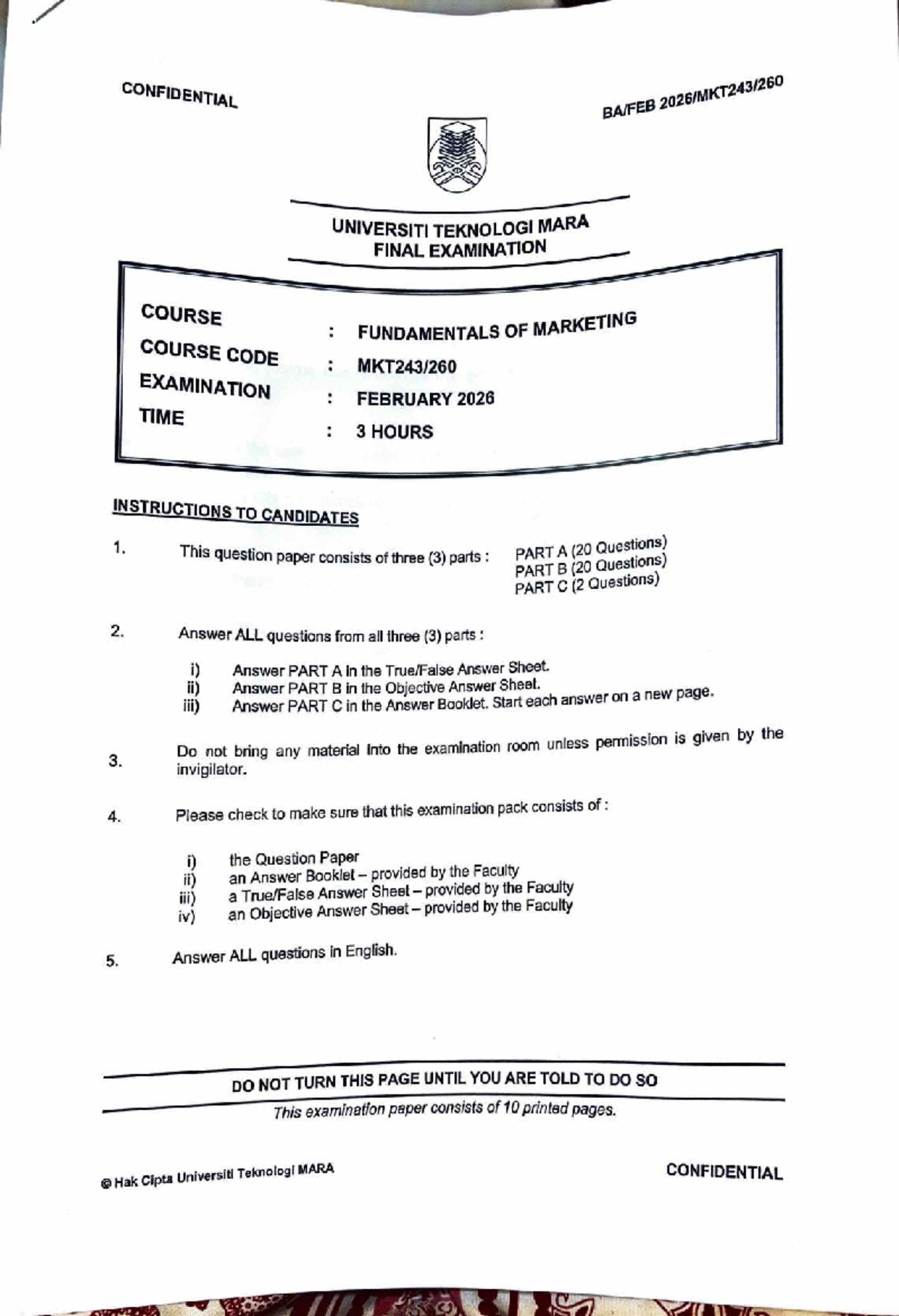 Fundamentals of Marketing - Final Exam (FEB 2026) - Document Preview