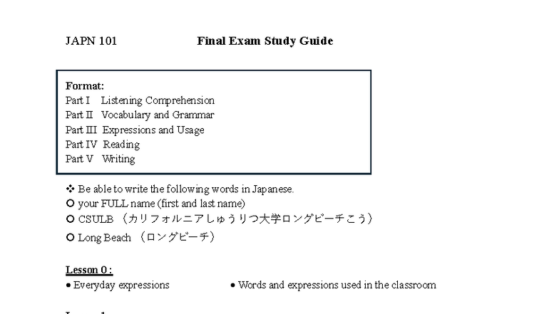 JAPN 101 Final Exam Study Guide: Listening, Vocabulary & Grammar - Studocu