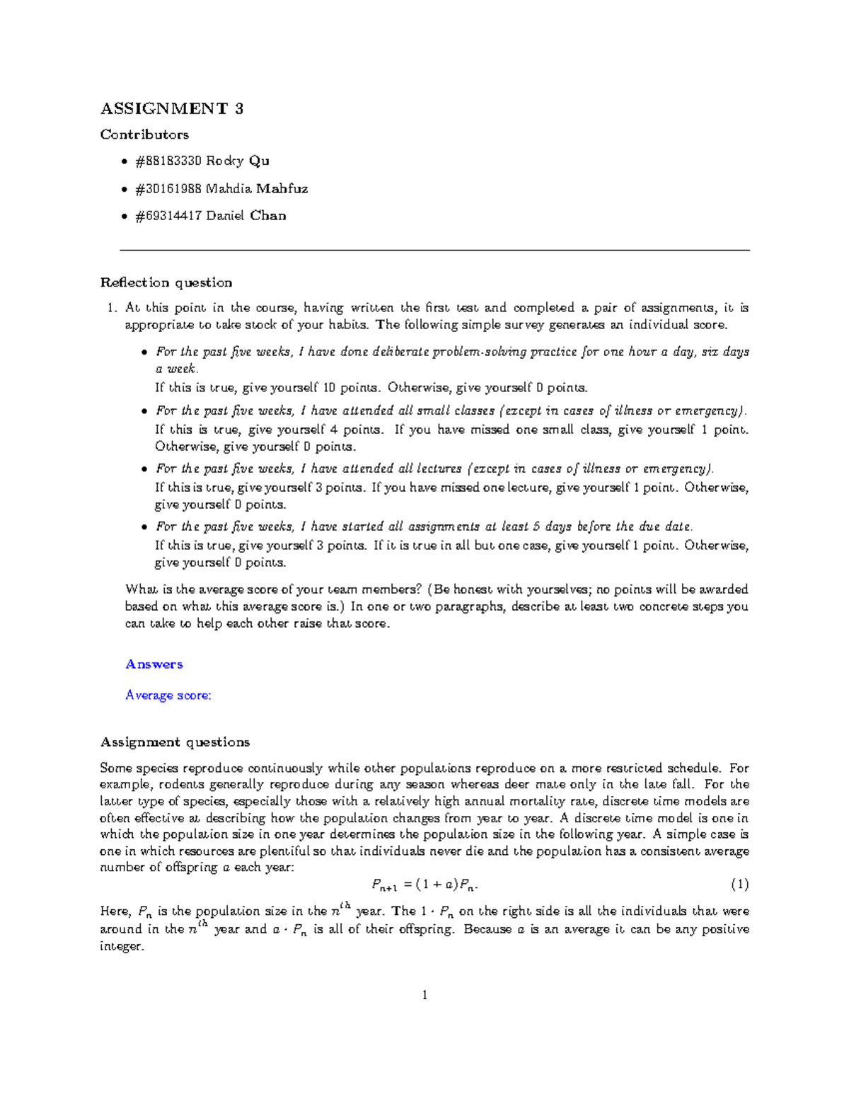 MATH100 Assignment 3 - Reflection and Population Models Analysis - Studocu