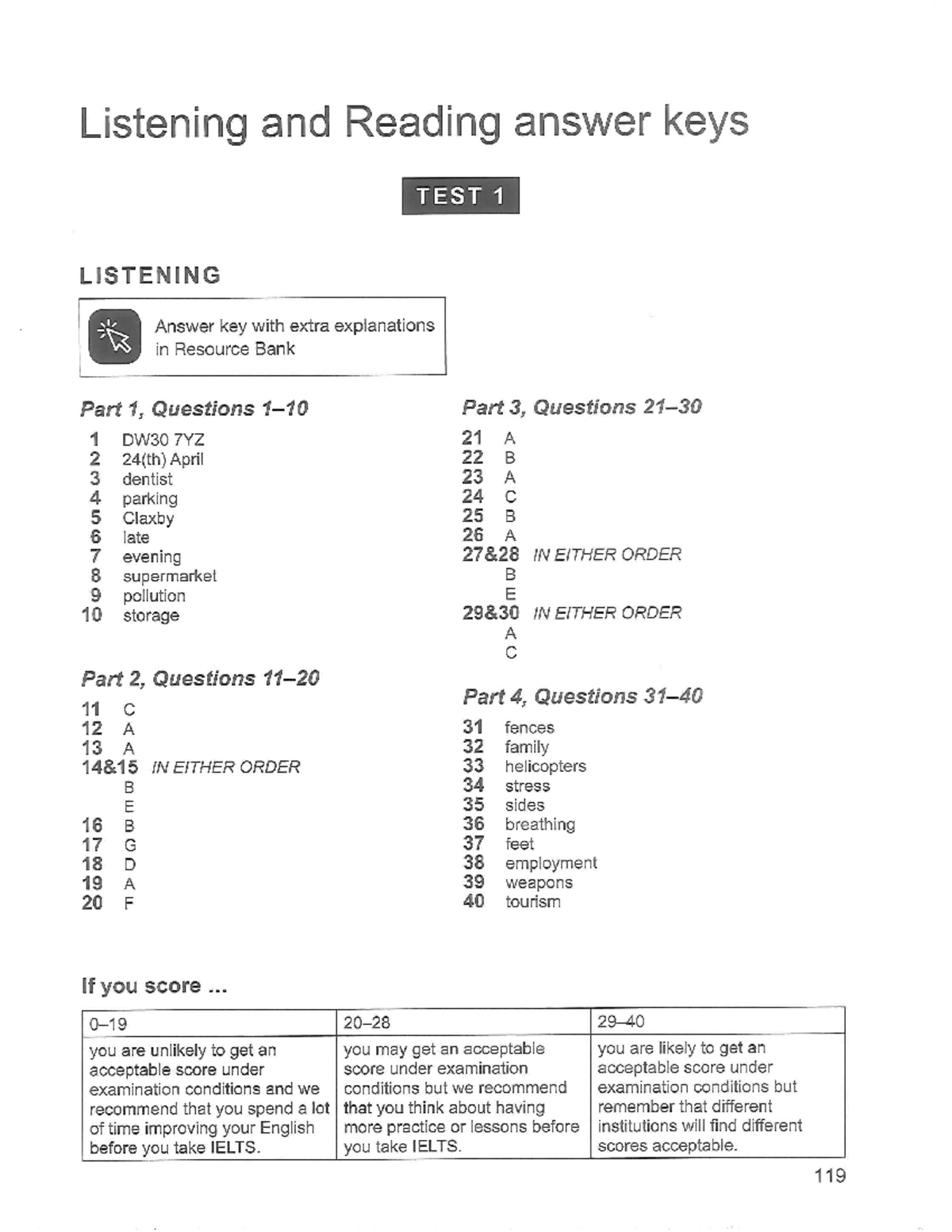 Listening and Reading Answer Keys for TESTS 1-4 (C18) - Studocu