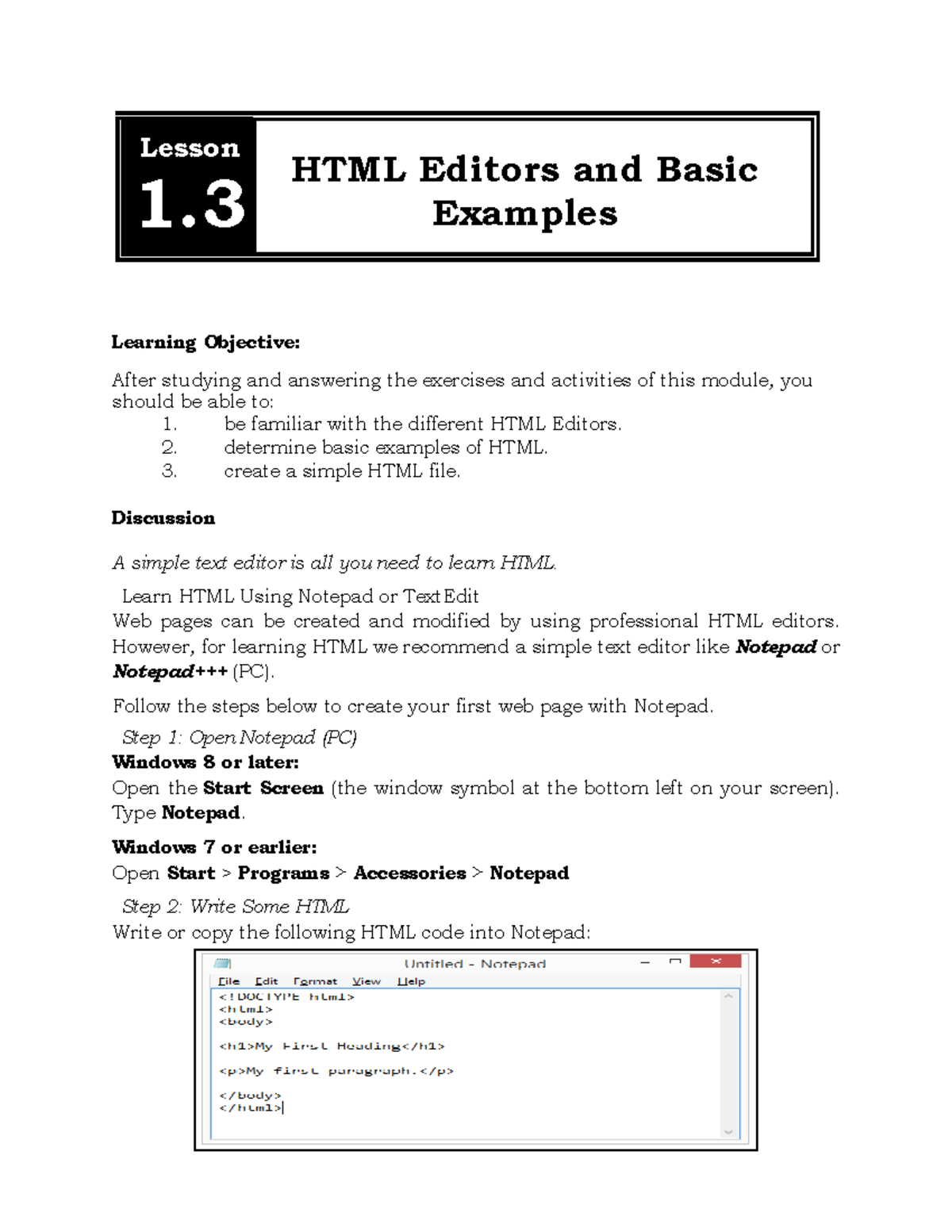 Module 1-3 - Intro to HTML Editors & Basic.HTML Examples - Studocu