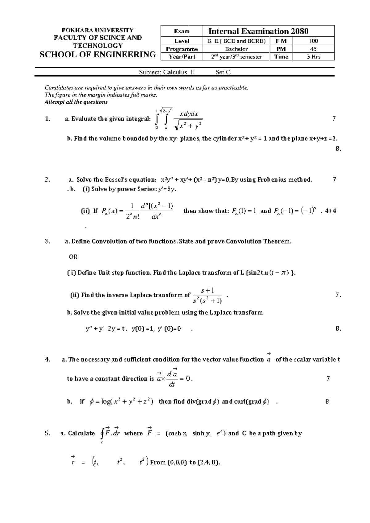 Calculus II Math 2080 Internal Exam Set C Questions - Studocu