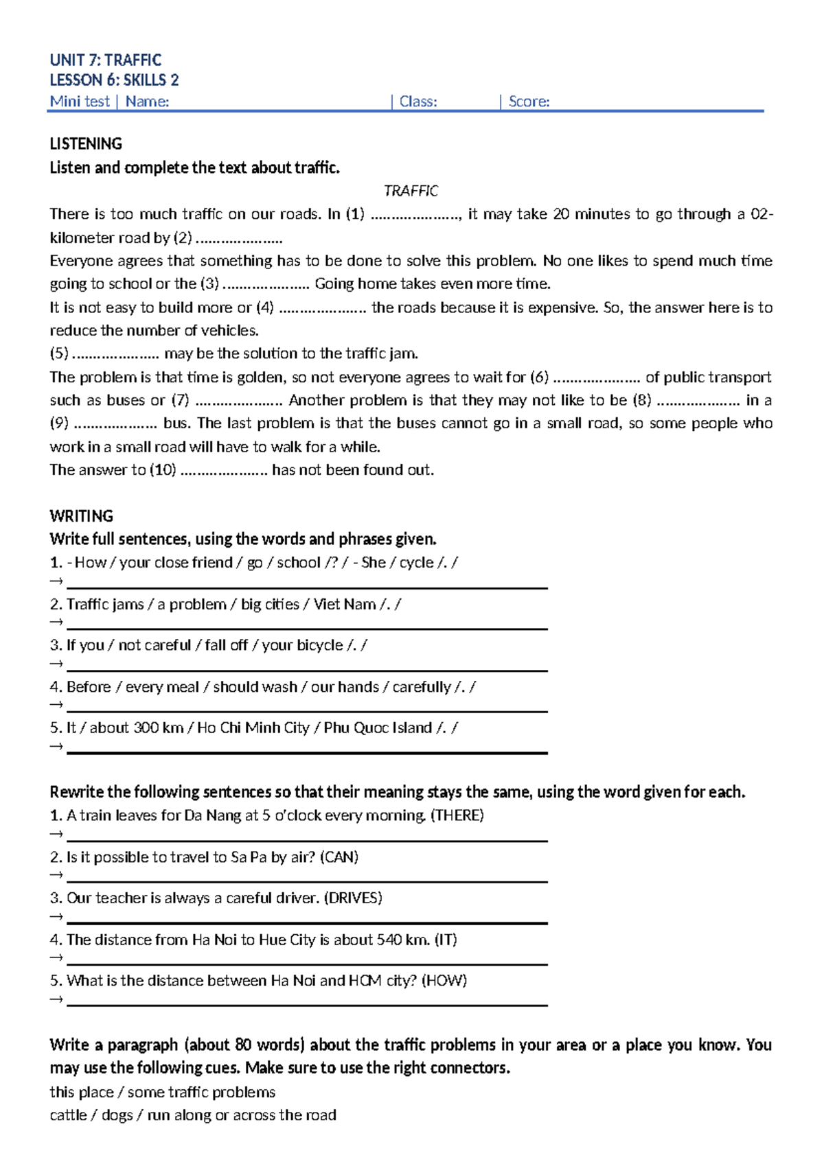 G7 Unit 7 Lesson 6: Traffic Mini Test & Writing Exercise - Studocu
