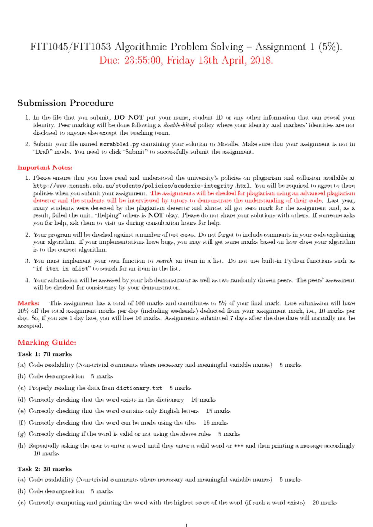 FIT1045/FIT1053 Algorithmic Problem Solving - Assgn 1 Overview and ...