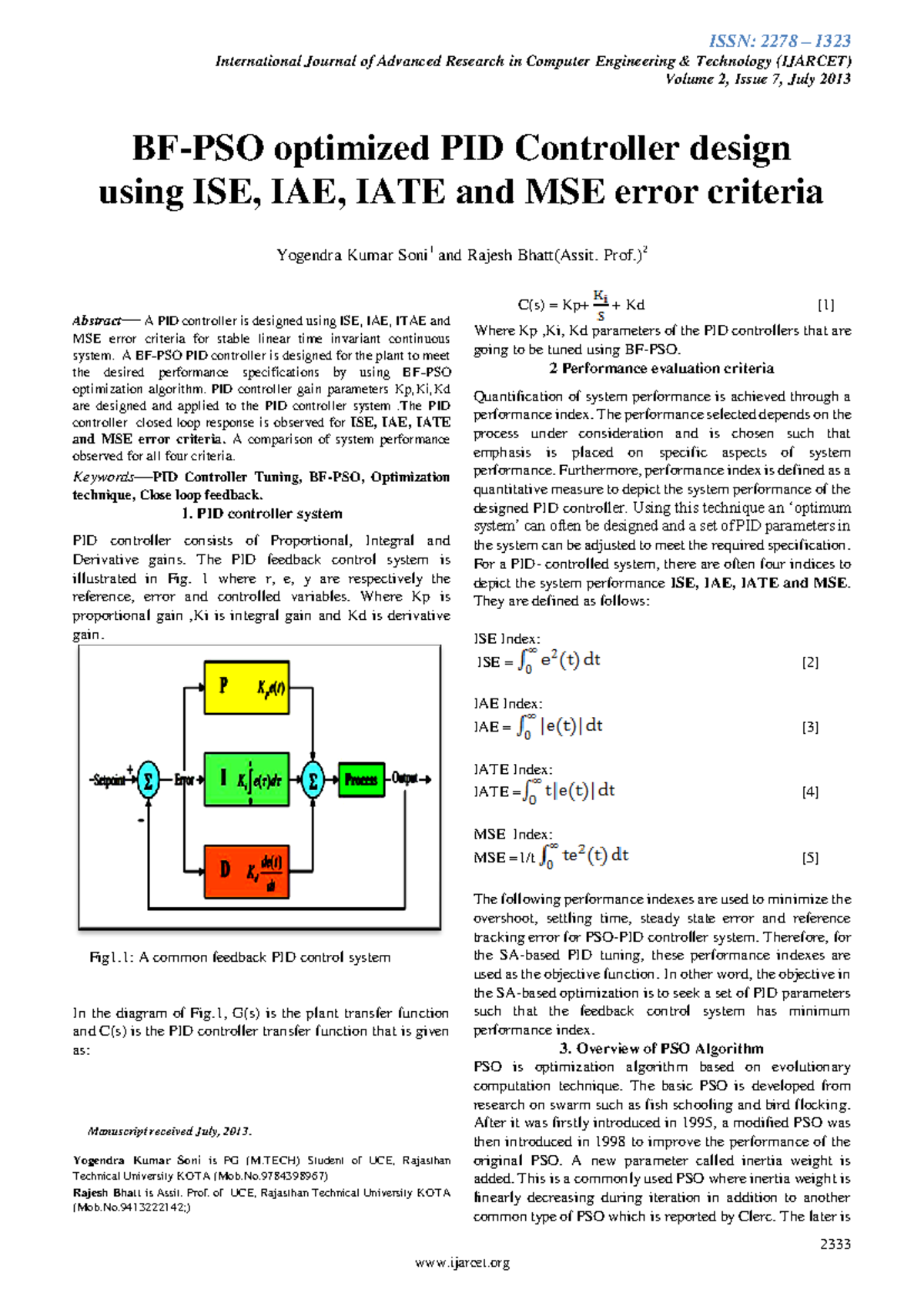 BF-PSO Optimized PID Controller Design Using ISE, IAE, IATE, MSE ...