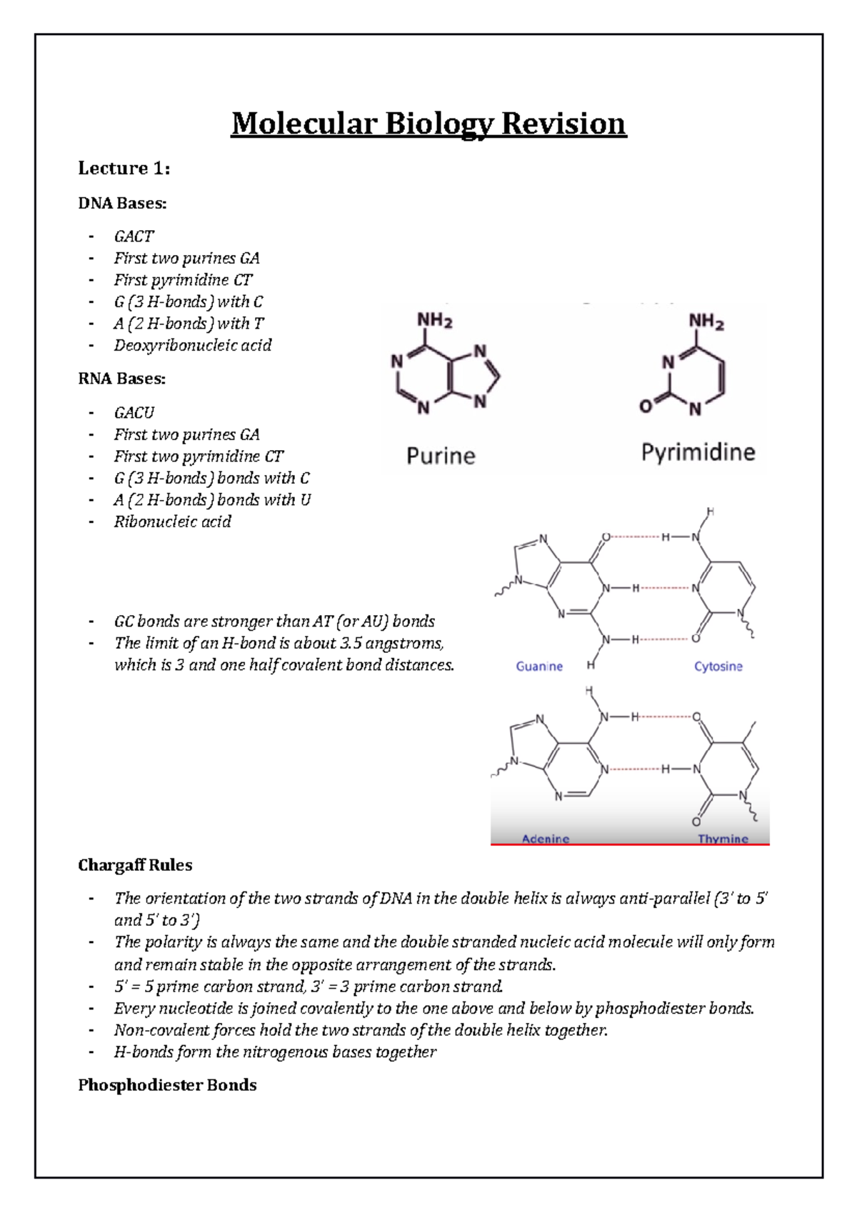 Molecular Biology Revision Notes - Lecture 1 & 2 (Course Code: MB100 ...