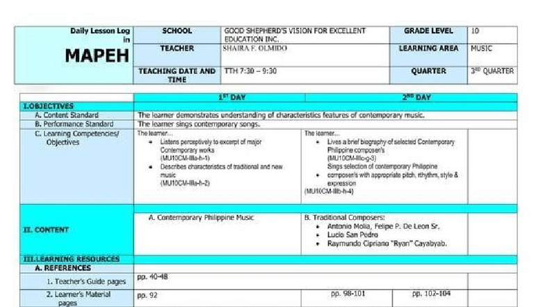 Daily Lesson Log: MAPEH Music & Arts for Grade 10 - Teacher Shaira F ...