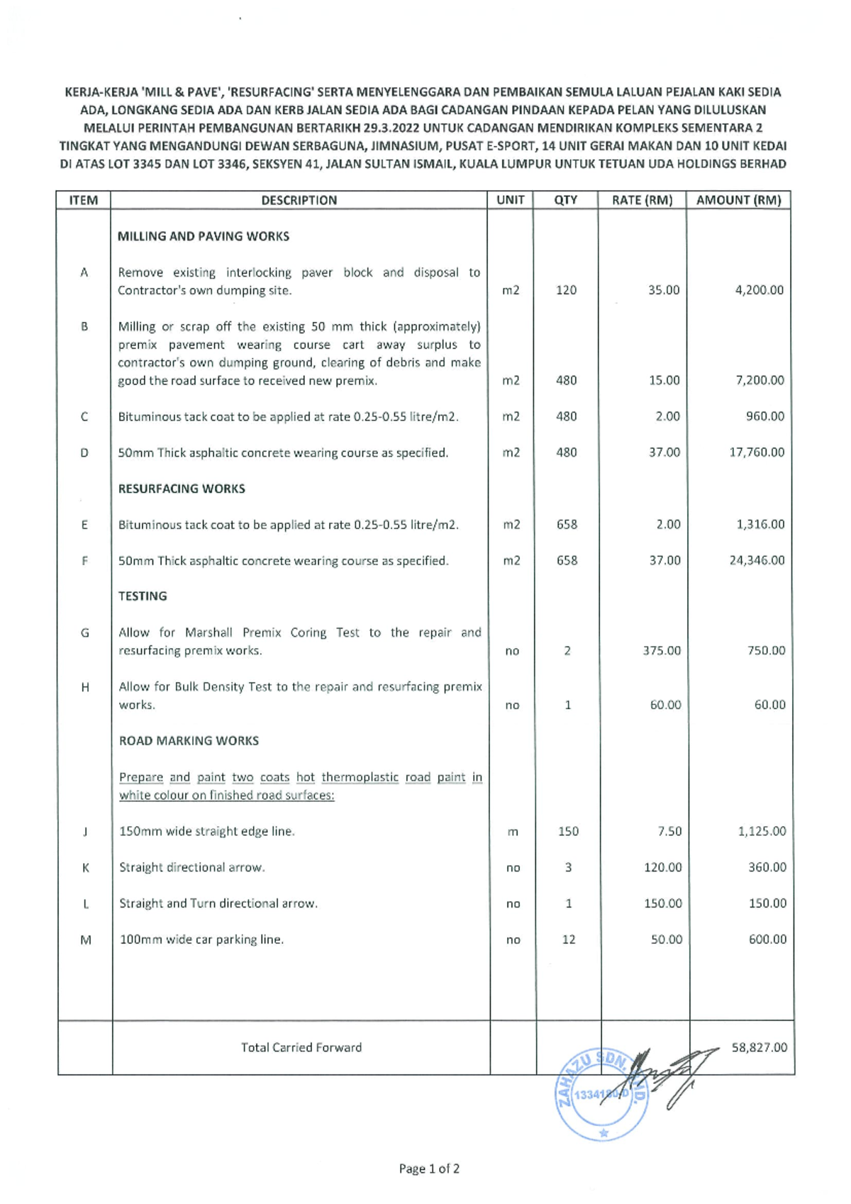 Quotation for Milling and Paving Works - UDA Holdings Berhad - Studocu