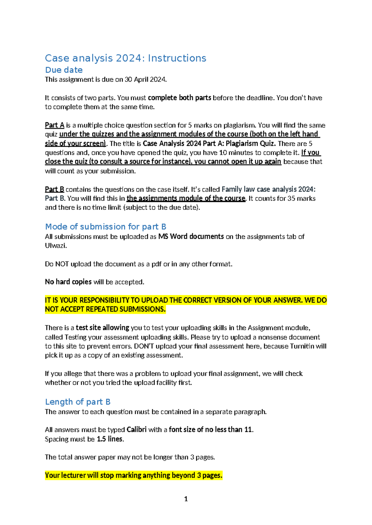 Case Analysis 2024: Instructions for Parts A & B Submission - Studocu