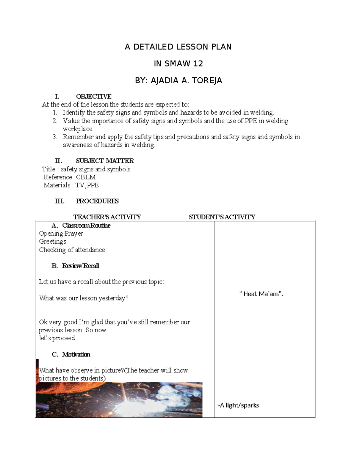 Detailed Lesson Plan on Safety Signs & Symbols in SMAW 12 - Studocu