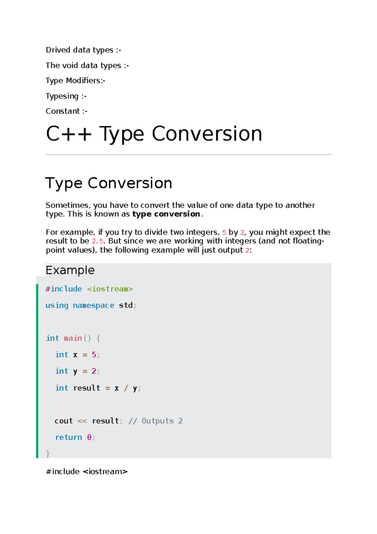 C++ Data Types: Void, Modifiers, and Type Conversion (CS101) - Studocu