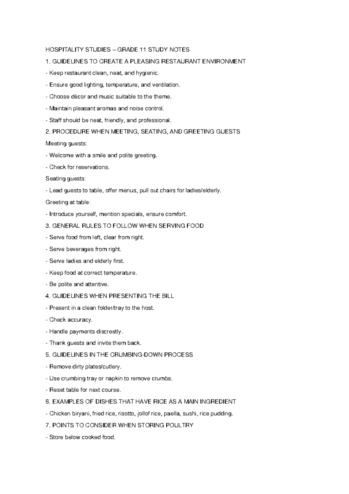 HOSPITALITY STUDIES GRADE 11: RESTAURANT ENVIRONMENT & SERVICE NOTES ...