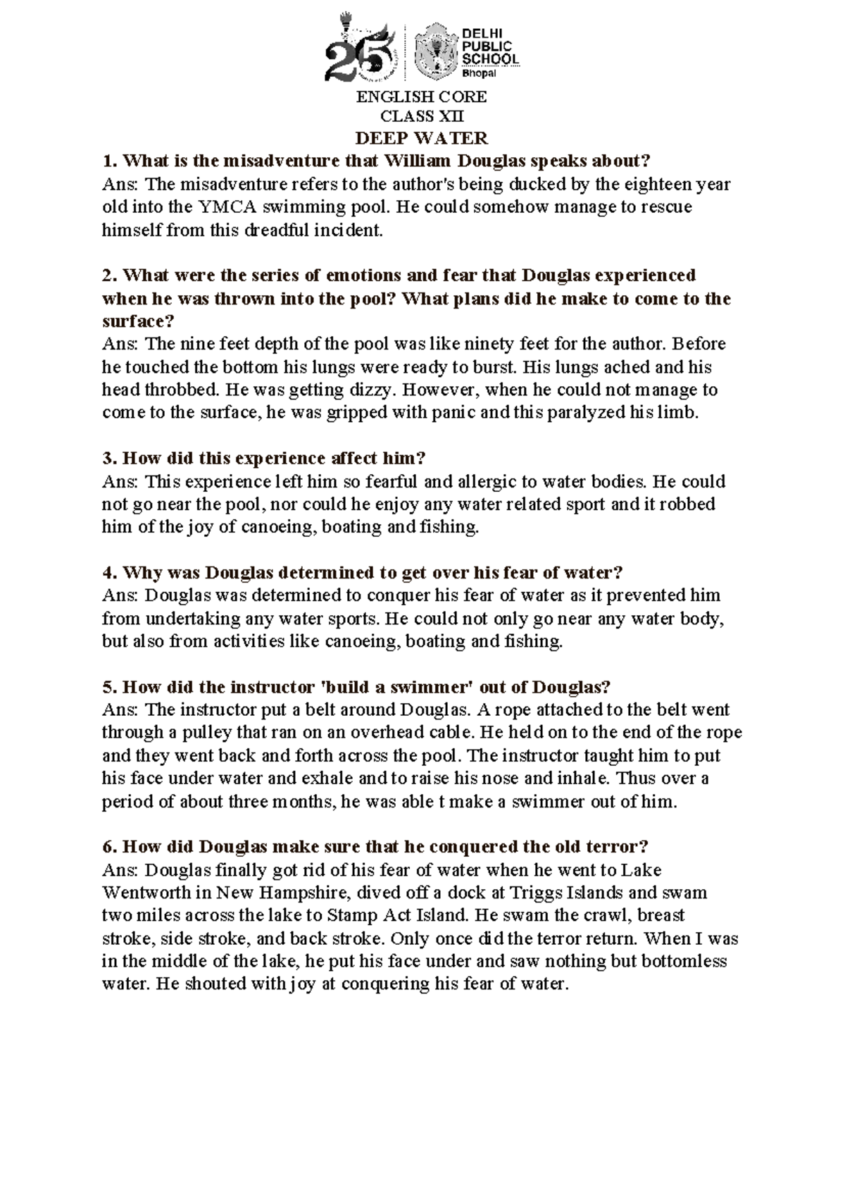 ENGLISH CORE CLASS XII DEEP WATER - Important Insights - Studocu
