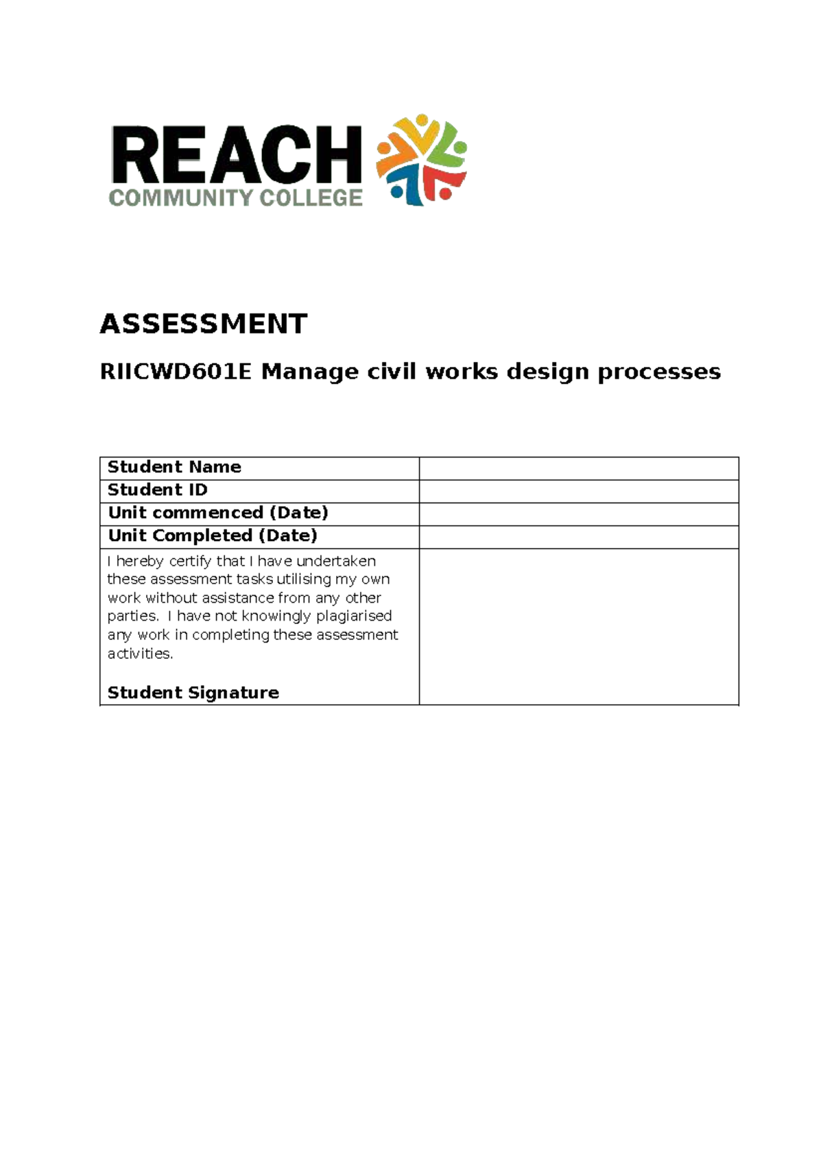 RIICWD601E Civil Works Design Processes Assessment Workbook - Studocu