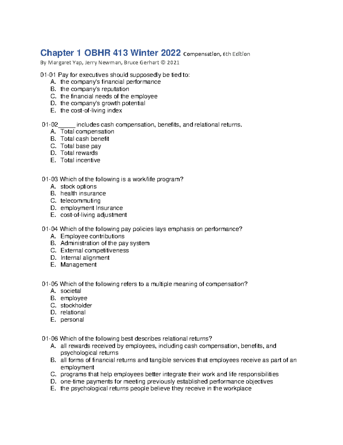 Test Bank for Chapters 1-8: OBHR 413 Winter 2022 - Studocu