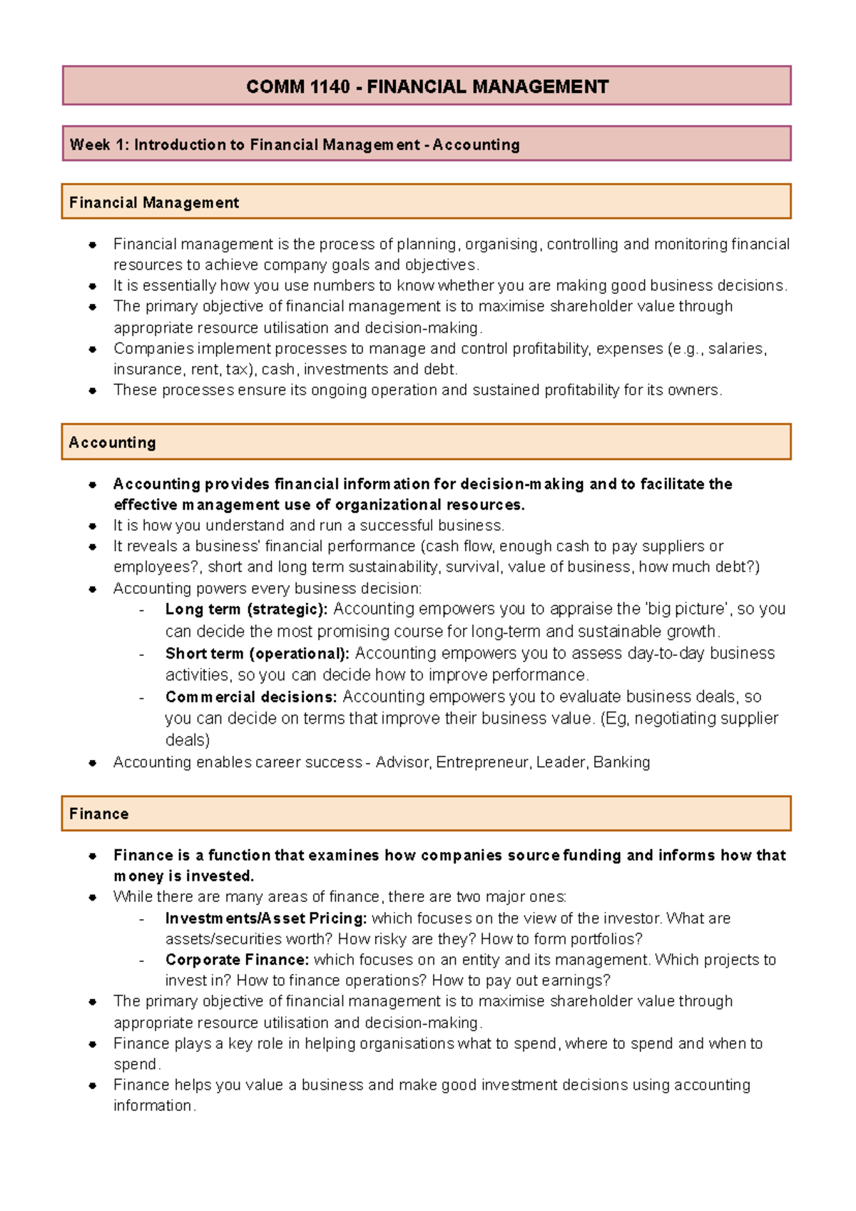 COMM1140 Financial management notes - COMM 1140 - FINANCIAL MANAGEMENT ...