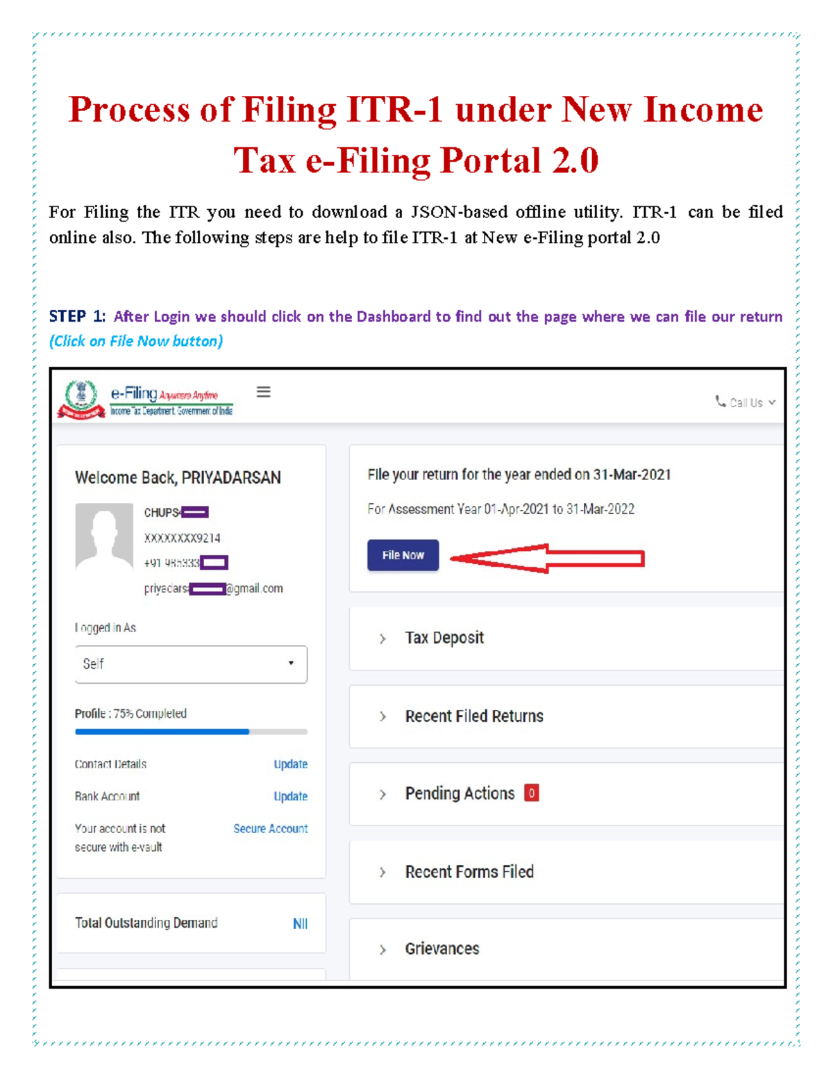 ITR-1 Filing Process Guide for New e-Filing Portal 2 - Studocu
