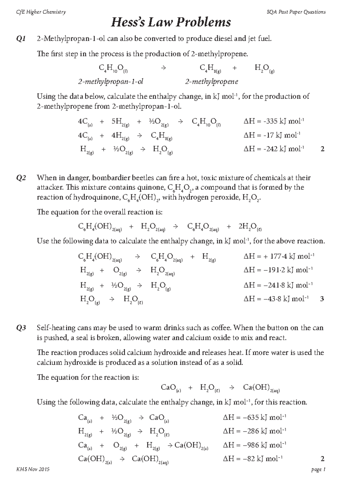 SQA-Hess's Law Enthalpy Change Problems and Solutions - Studocu