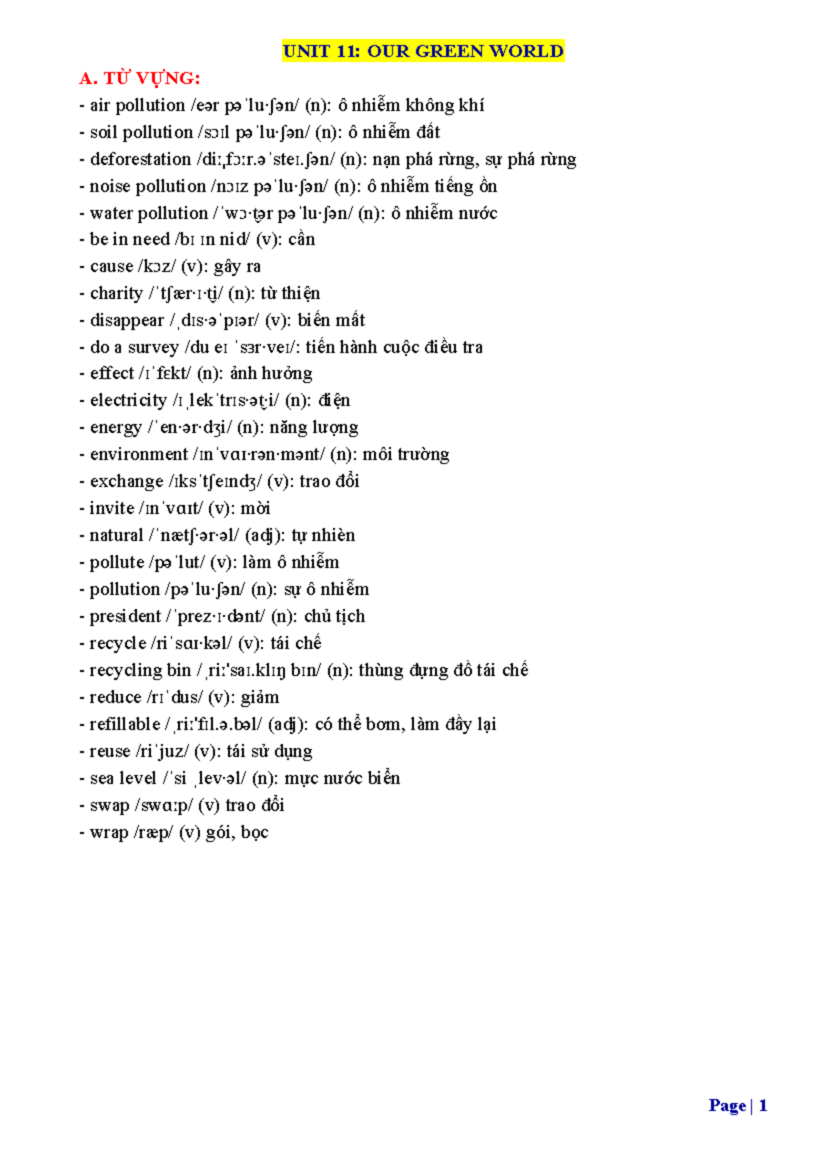 UNIT 11: OUR GREEN WORLD - Vocabulary and Grammar Notes - Studocu