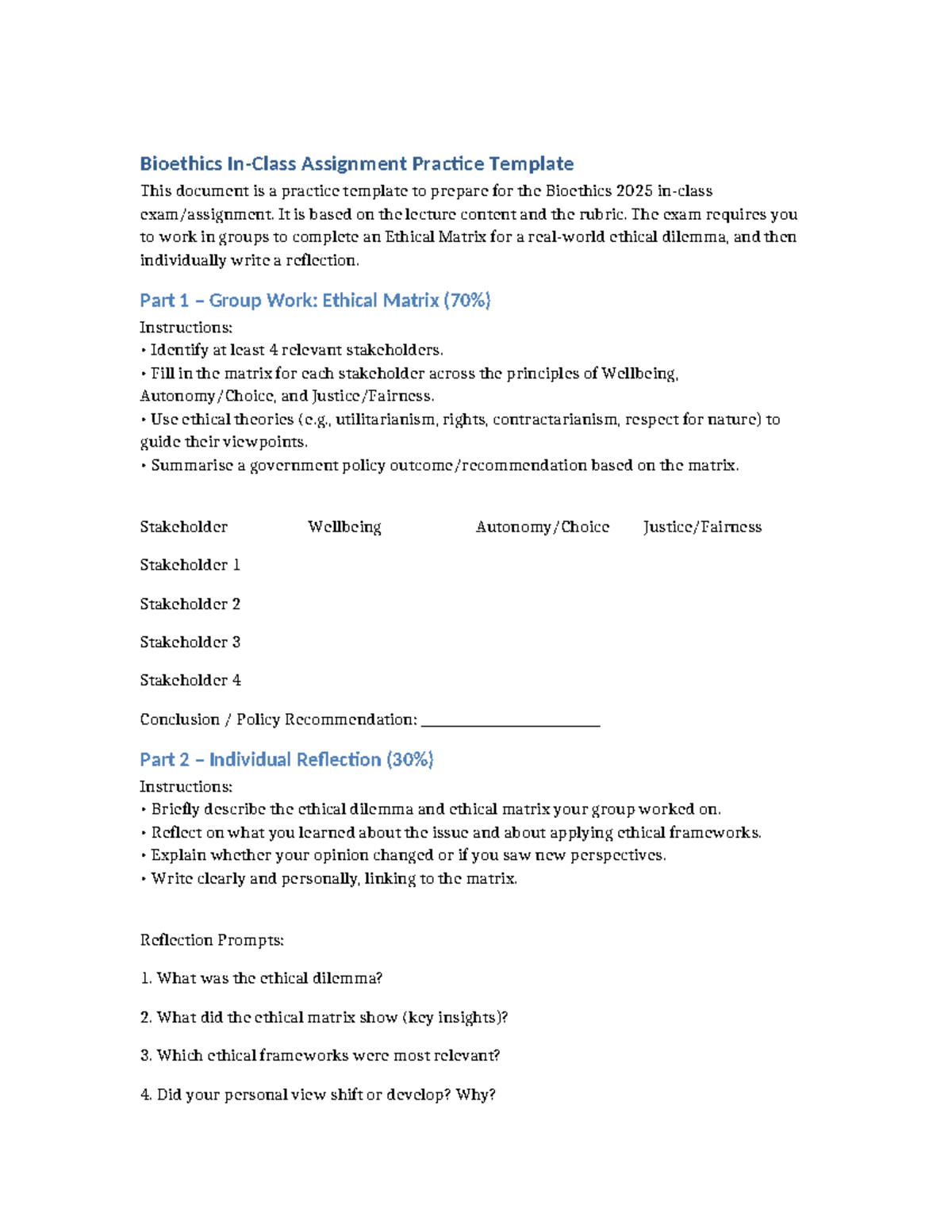 Bioethics 2025 Assignment: Ethical Matrix & Reflection Template - Studocu