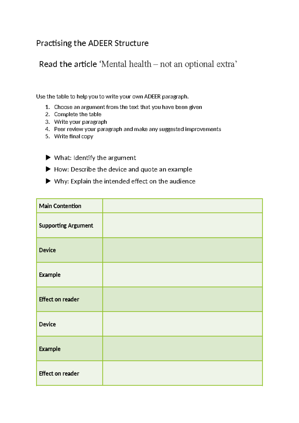 4.2 Adeer Structure practice - Practising the ADEER Structure Read the ...
