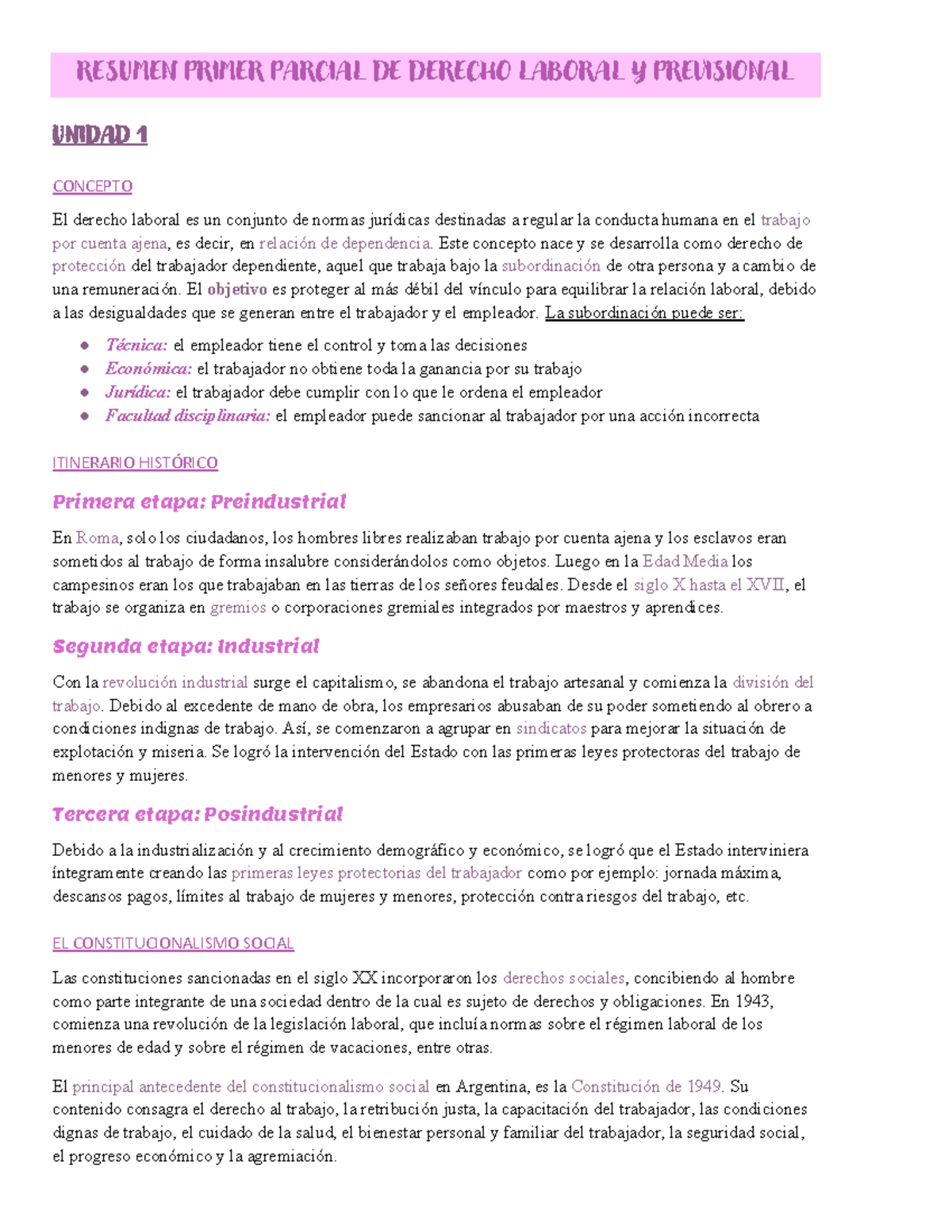 Resumen Primer Parcial de Derecho Laboral y Previsional - Unidad 1 ...