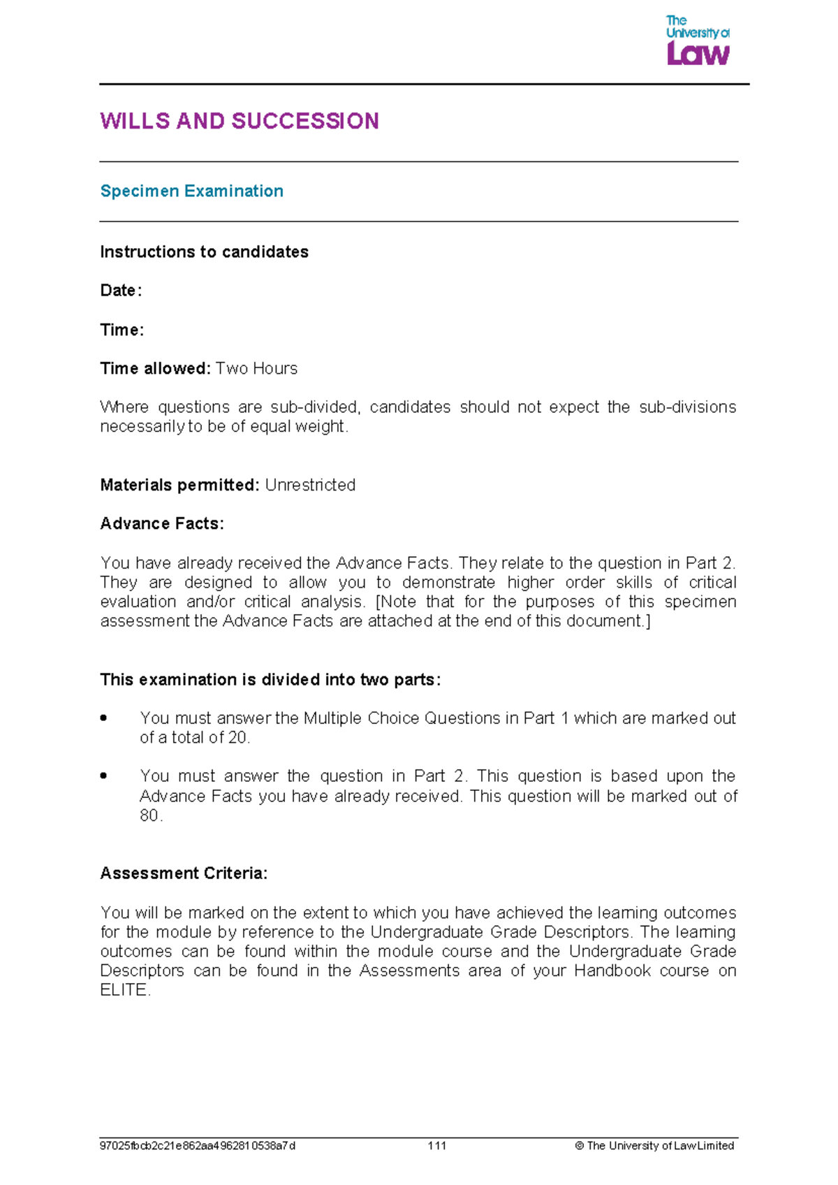 2324 WILLS & SUCCESSION CE01 Specimen Exam Questions & Facts - Studocu