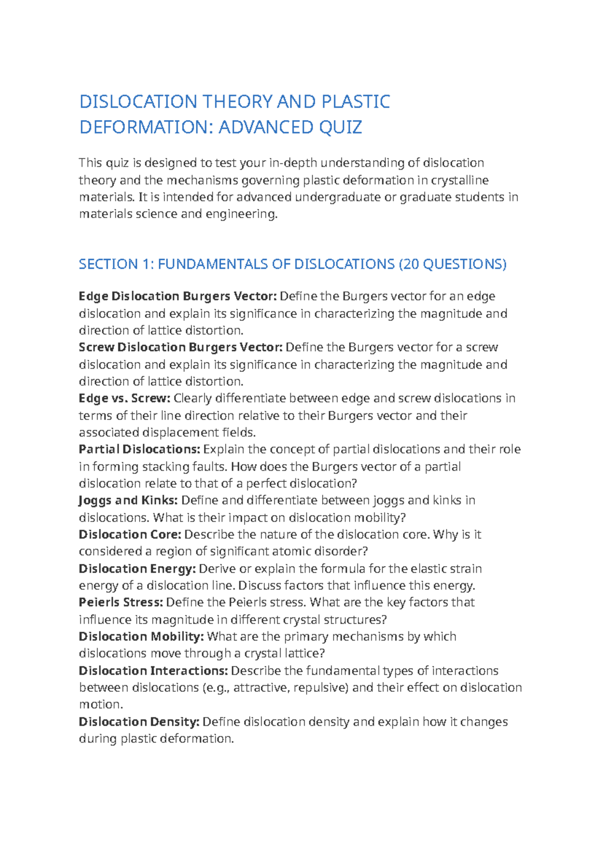 Advanced Quiz on Dislocation Theory and Plastic Deformation (MSE 401 ...