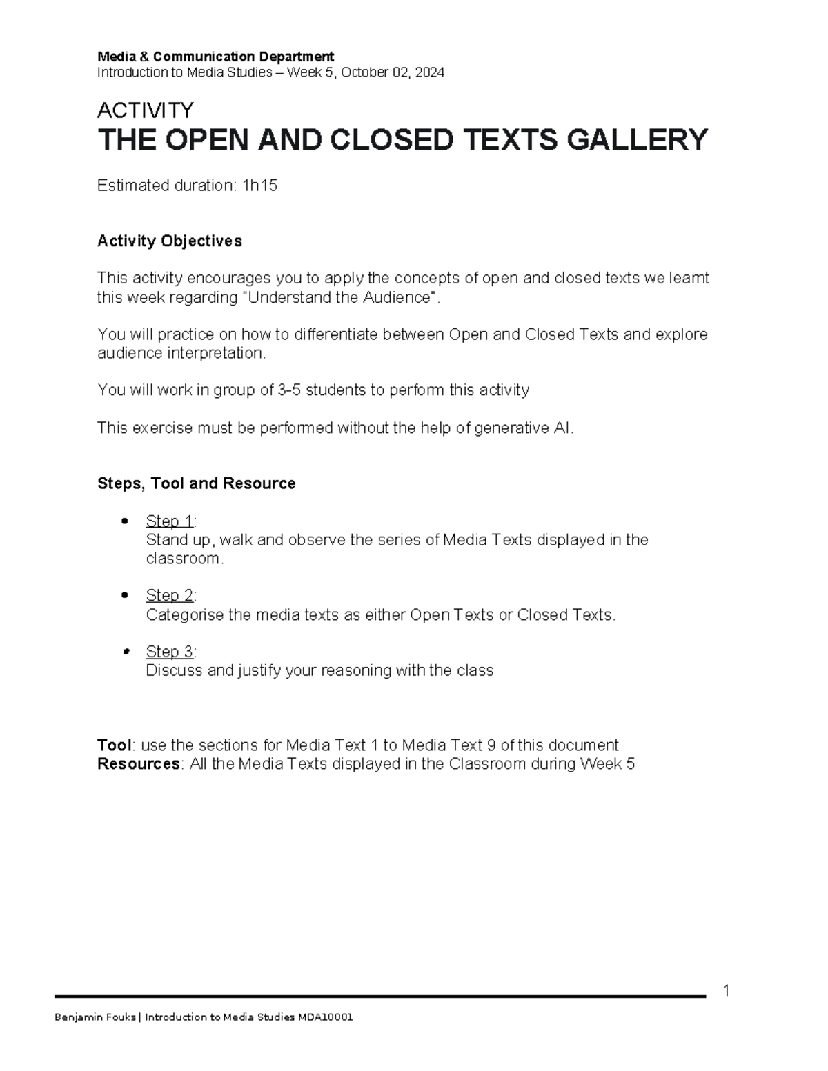 Activity 1 Introduction to Media Open and Closed Text Gallery Week5 ...