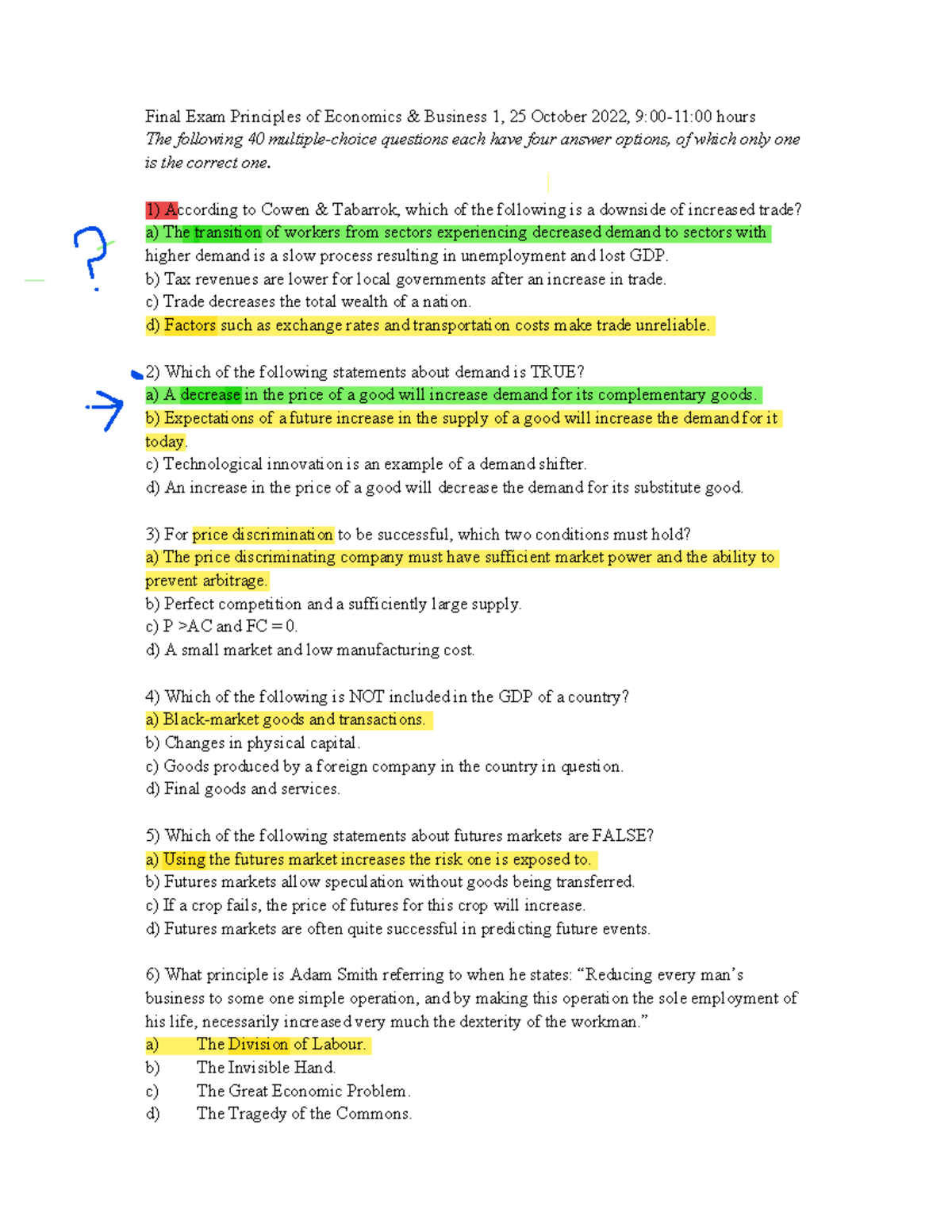 Final Exam Principles of Economics & Business 1 - October 2022 ...