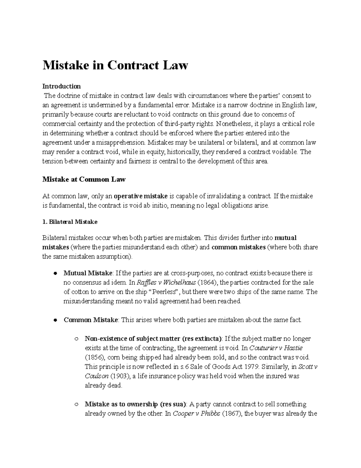 Contract Law Essay: The Doctrine of Mistake in Contracts - Studocu