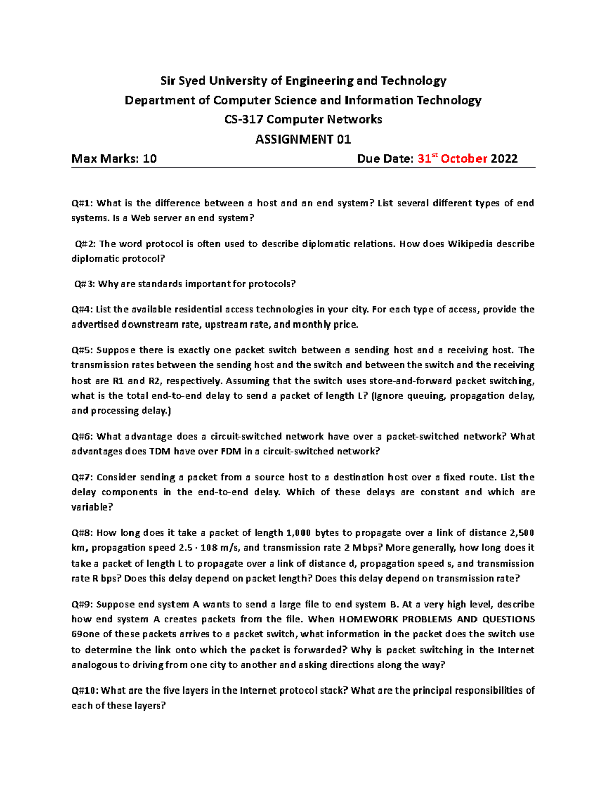Assignment 1 CN CS317 - Sir Syed University of Engineering and ...