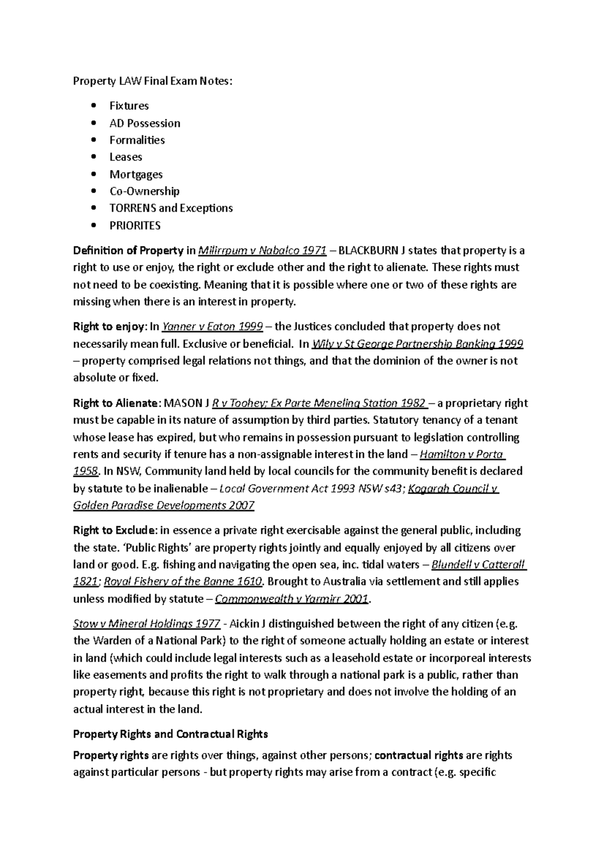 Property LAW Final Exam Notes - Property LAW Final Exam Notes: Fixtures ...
